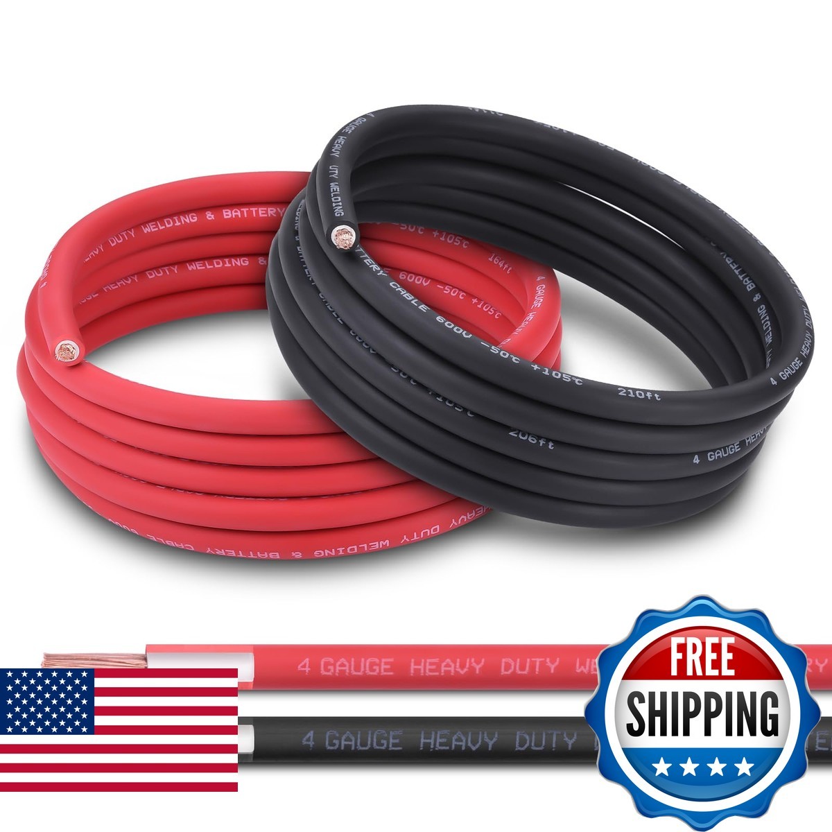 Shirbly 4 AWG Battery Cable 10FT Red+Black Pure Copper OFC Automotive Solar