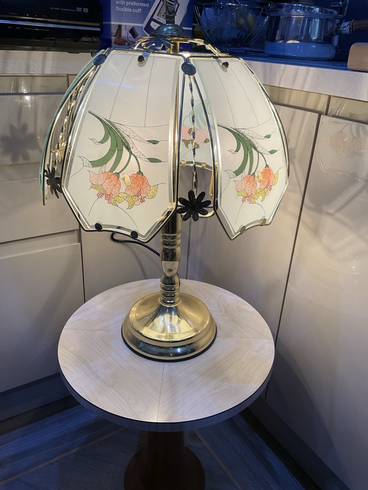 Table Lamp Brass & Glass Floral 3 Light Switch On Wire Working Order Vintage