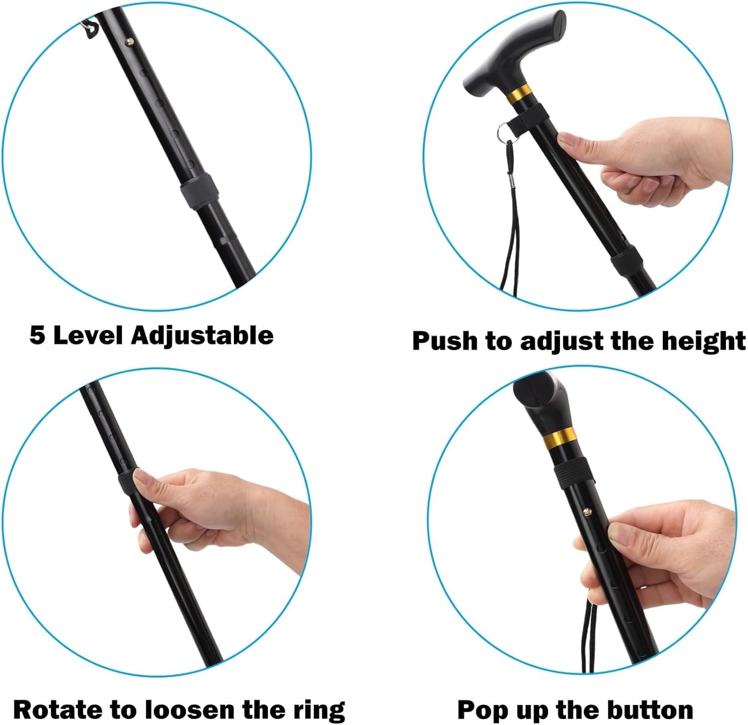 Quad Walking Cane Adjustable Foldable 4 Prong Base Walking Stick