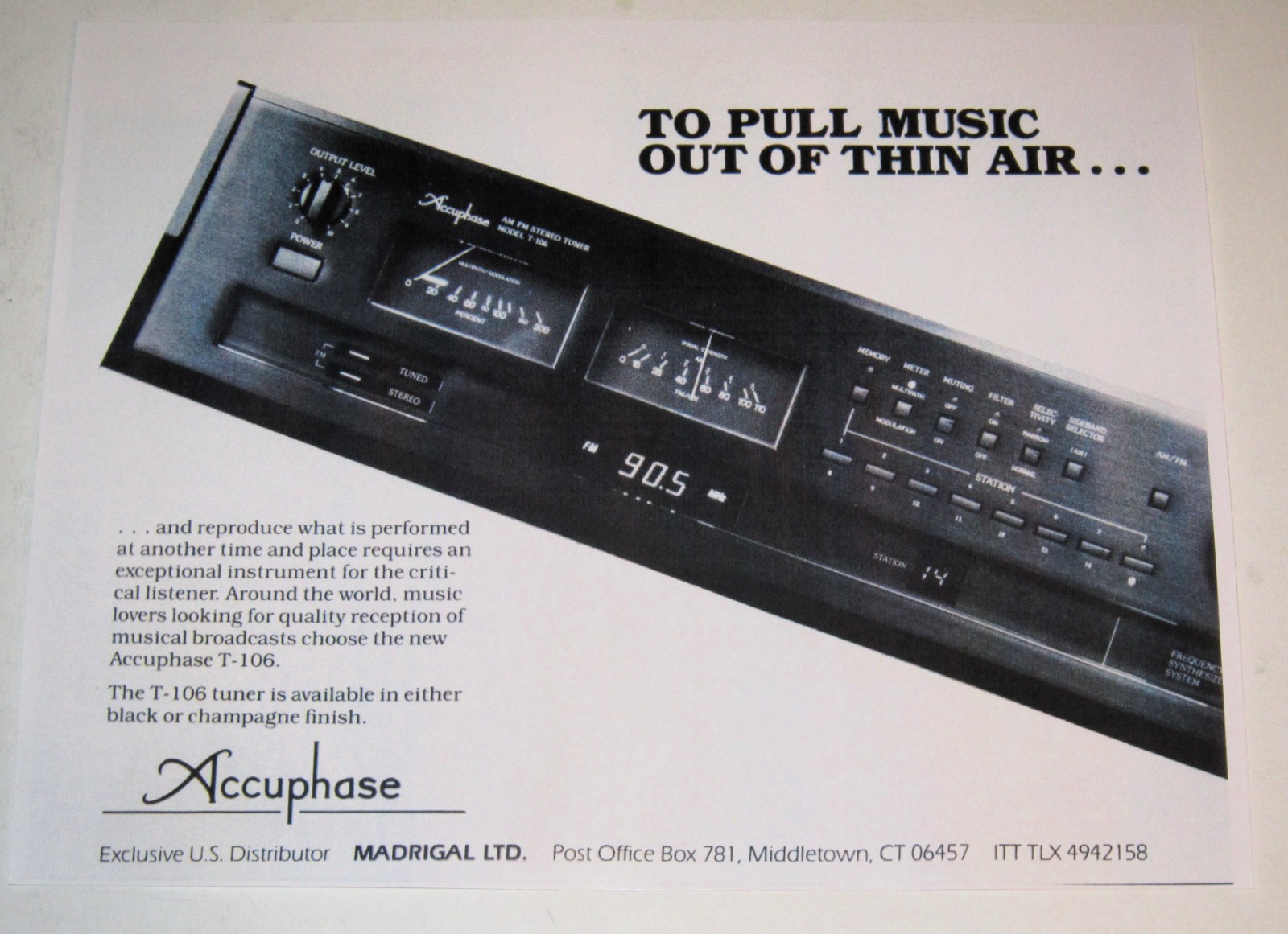 Accuphase Ad, T106, T-106 FM Stereo Tuner 1984, 1  page