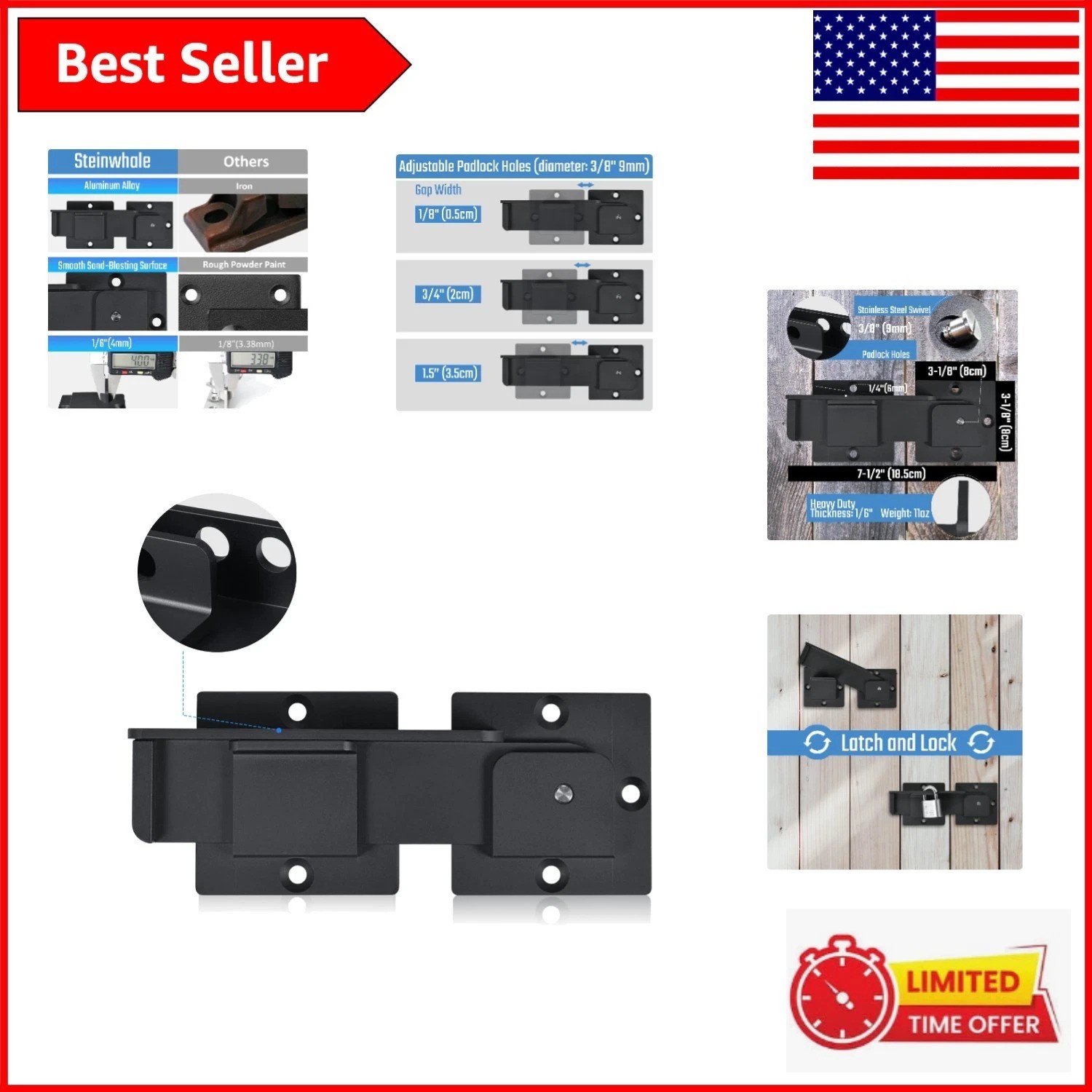 7.5" Flip Gate Latch Lock: Heavy Duty Aluminum with 8 Screws - Strong & Stylish