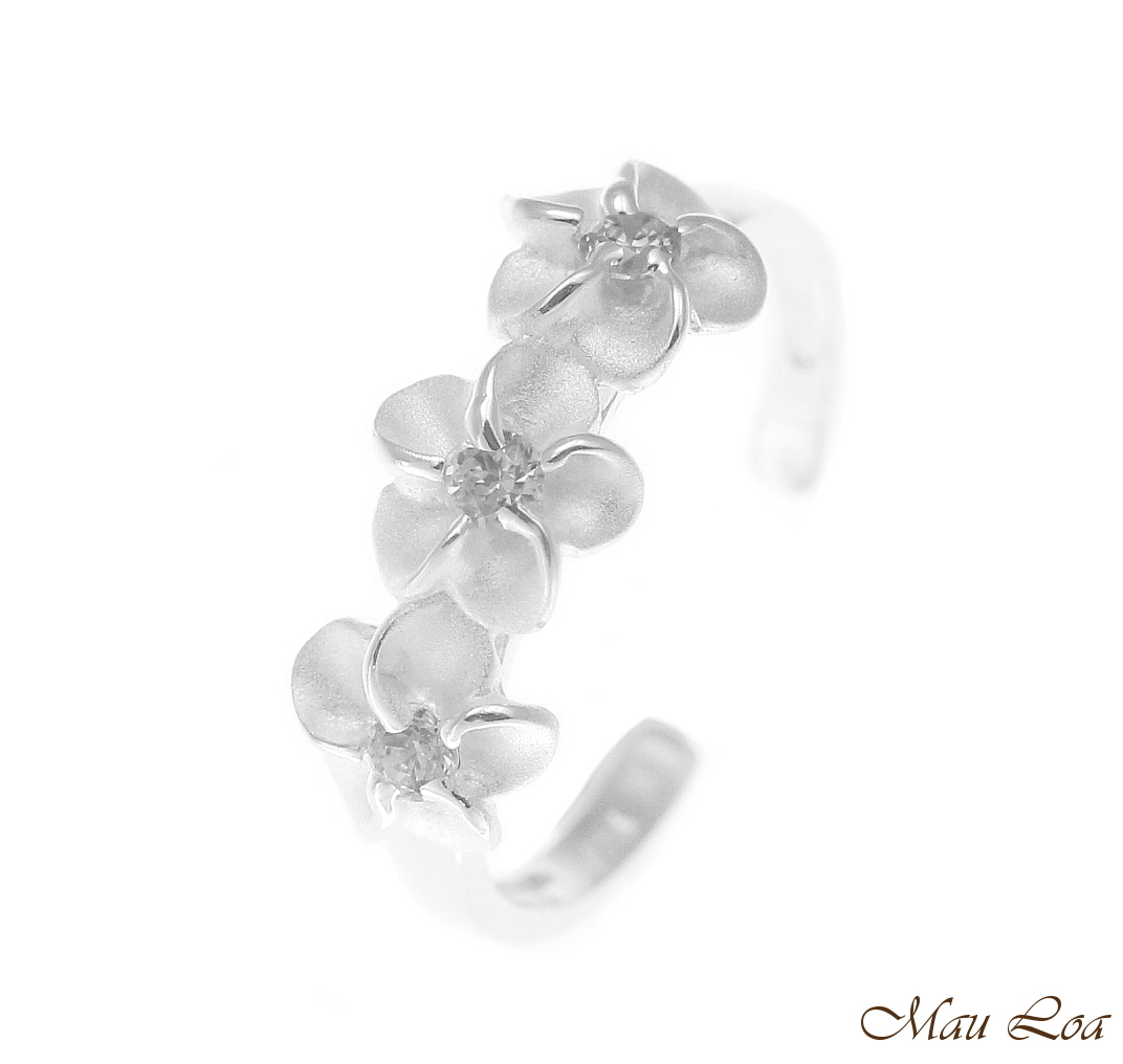 925 Sterling Silver Hawaiian Triple Plumeria Flower White CZ Open Toe Ring