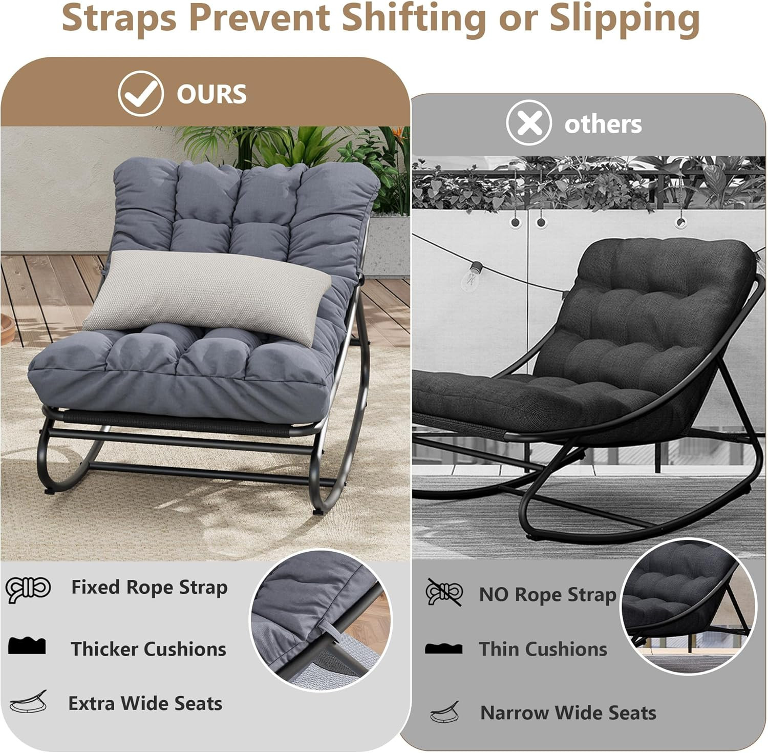 Papasan Rocking Chair, Indoor Outdoor Metal Patio Rocker with Comfy Cushion, 300