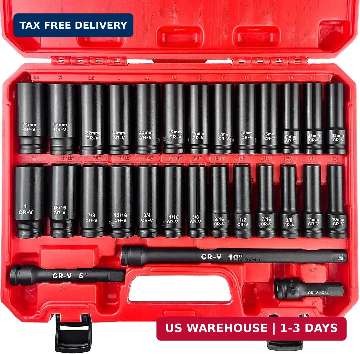 29pcs 1/2" Socket Set, Drive Deep Impact Socket Set, Including 3 ", 5"
