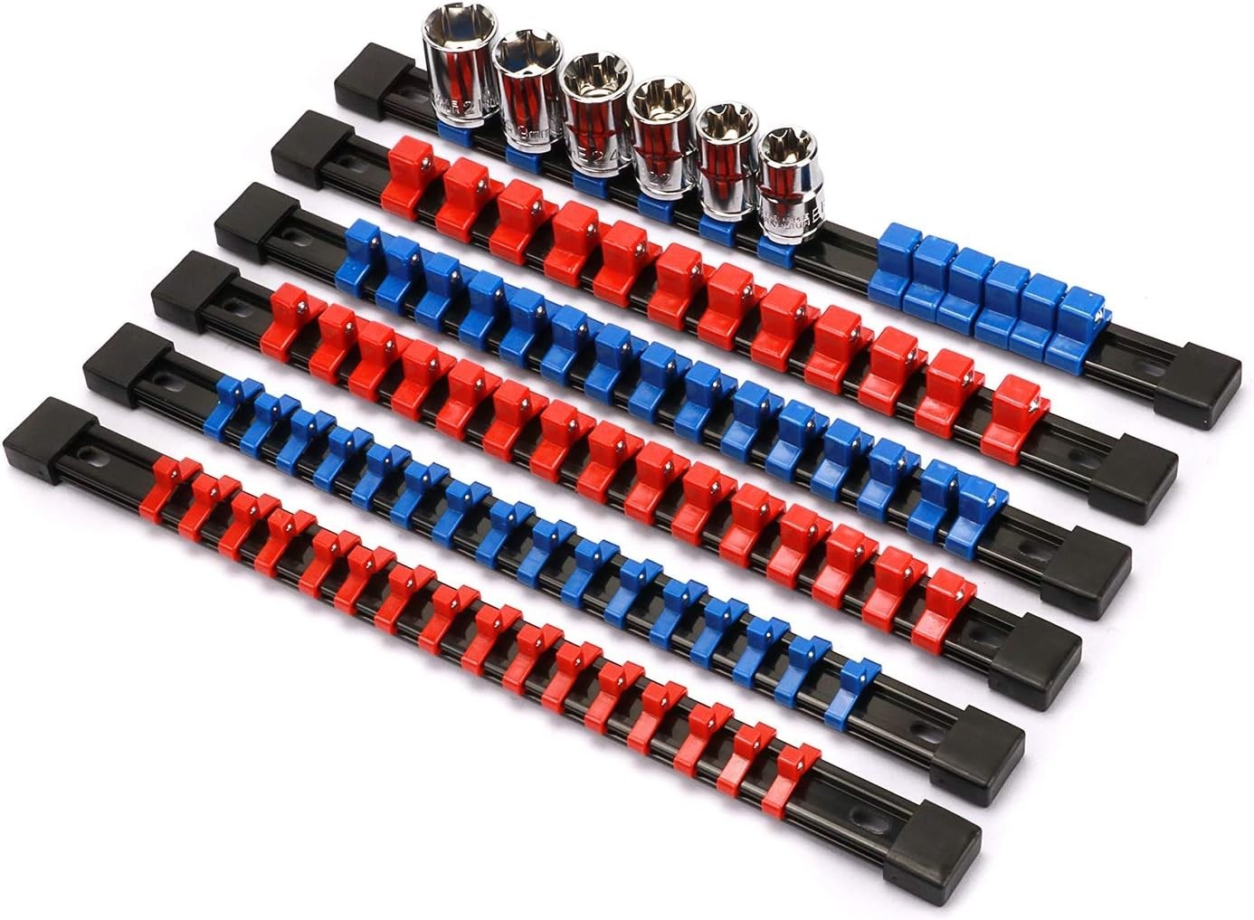 Versatile 6PC Socket Organizer with Removable Clips - Blue & Red Design