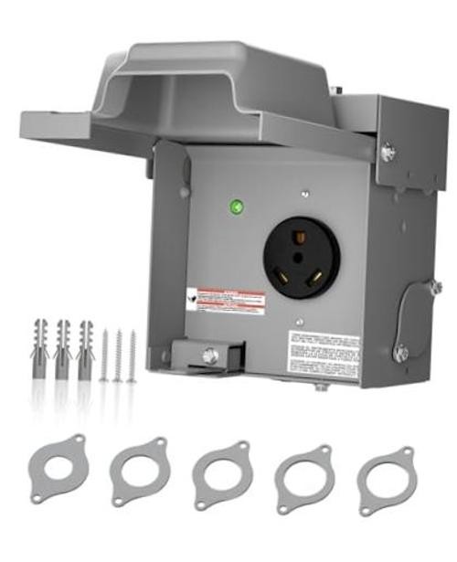 30 Amp RV Power Outlet Box, 125V Enclosed Lockable NEMA TT-30R Box,