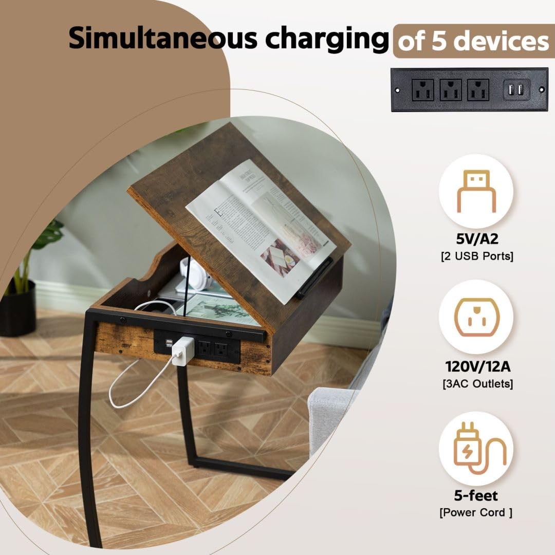 Hadulcet C Shaped End Table with Charging Station, 25.6", Rustic Brown