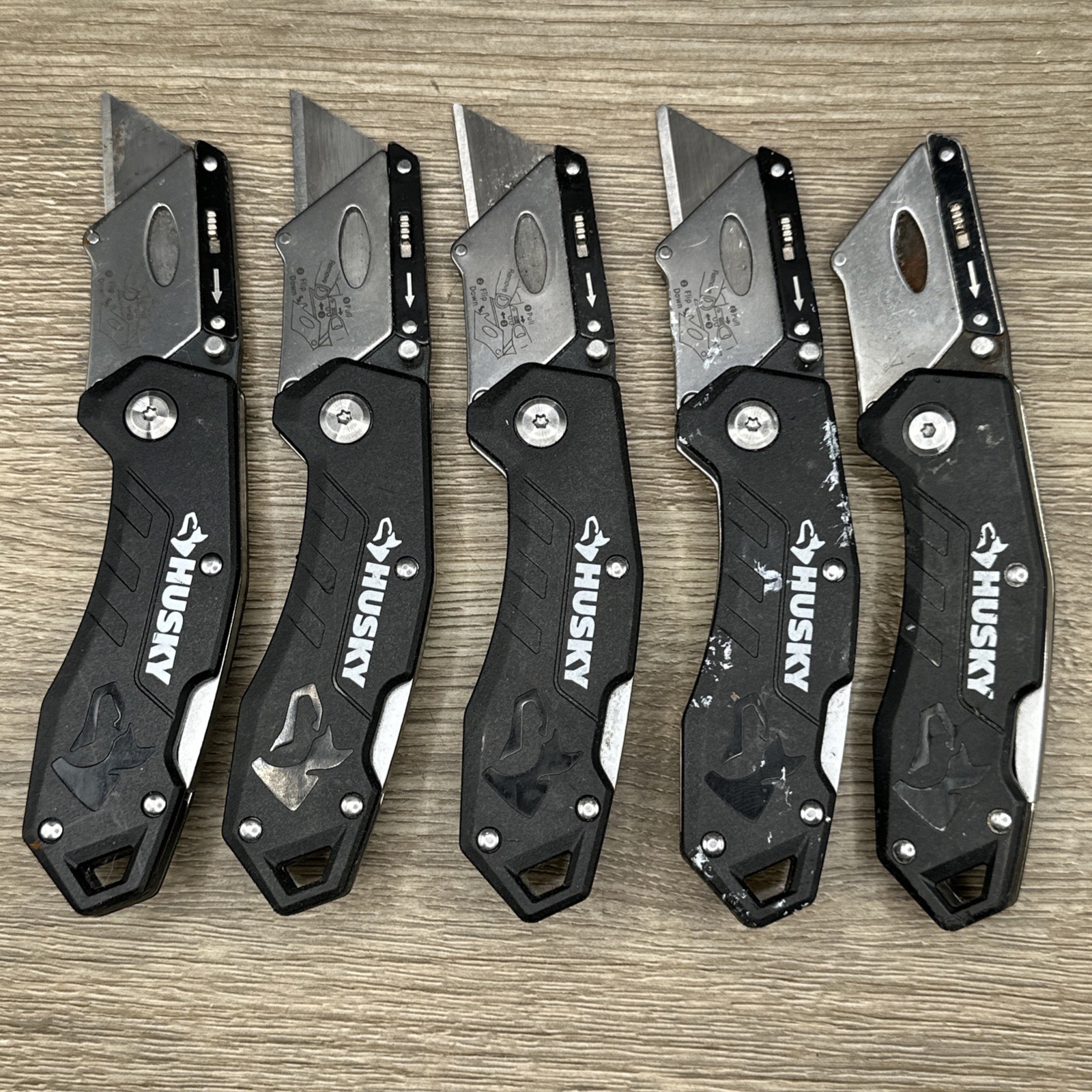 (Lot A) 5 Husky Black Folding Lockback Pocket Utility Knife Set, Box Cutter