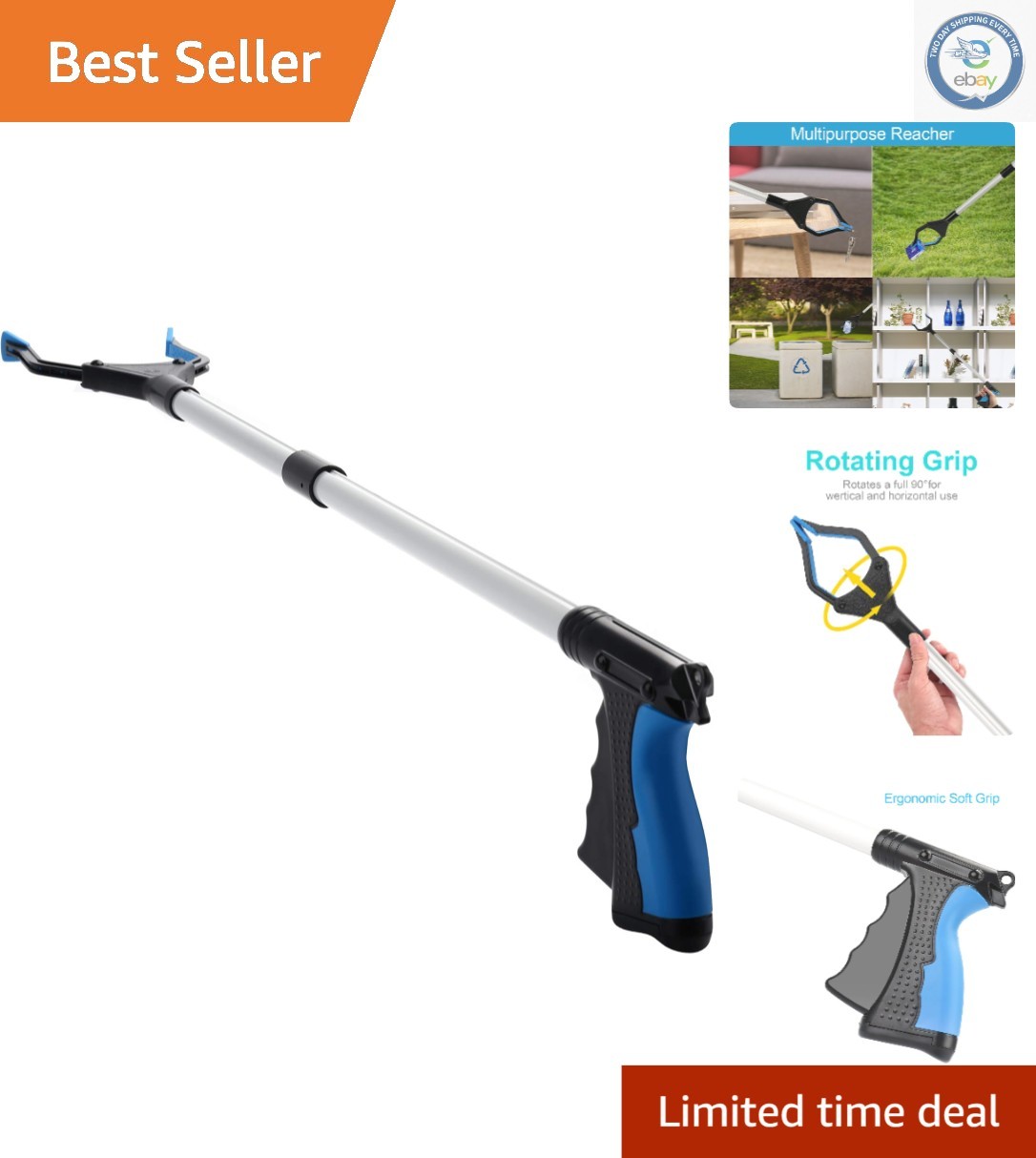 32-Inch Lightweight Grabber Tool for Seniors - Ergonomic Trash Picker in Blue