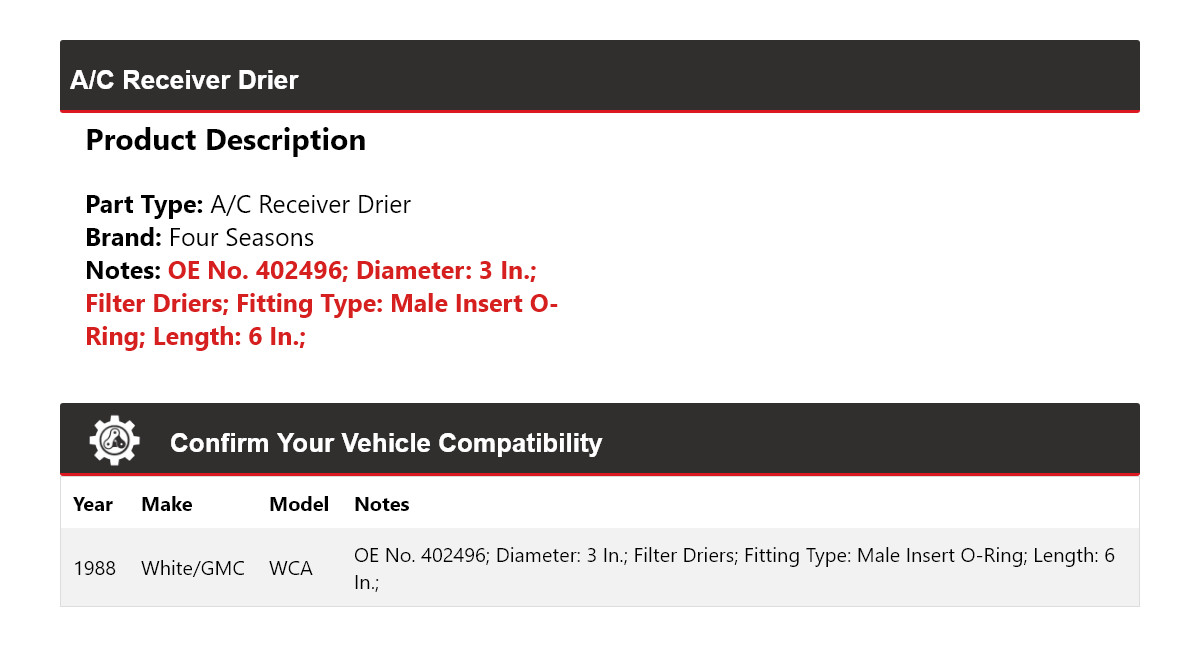 For 1988 White/GMC WCA A/C Receiver Drier 4 Seasons