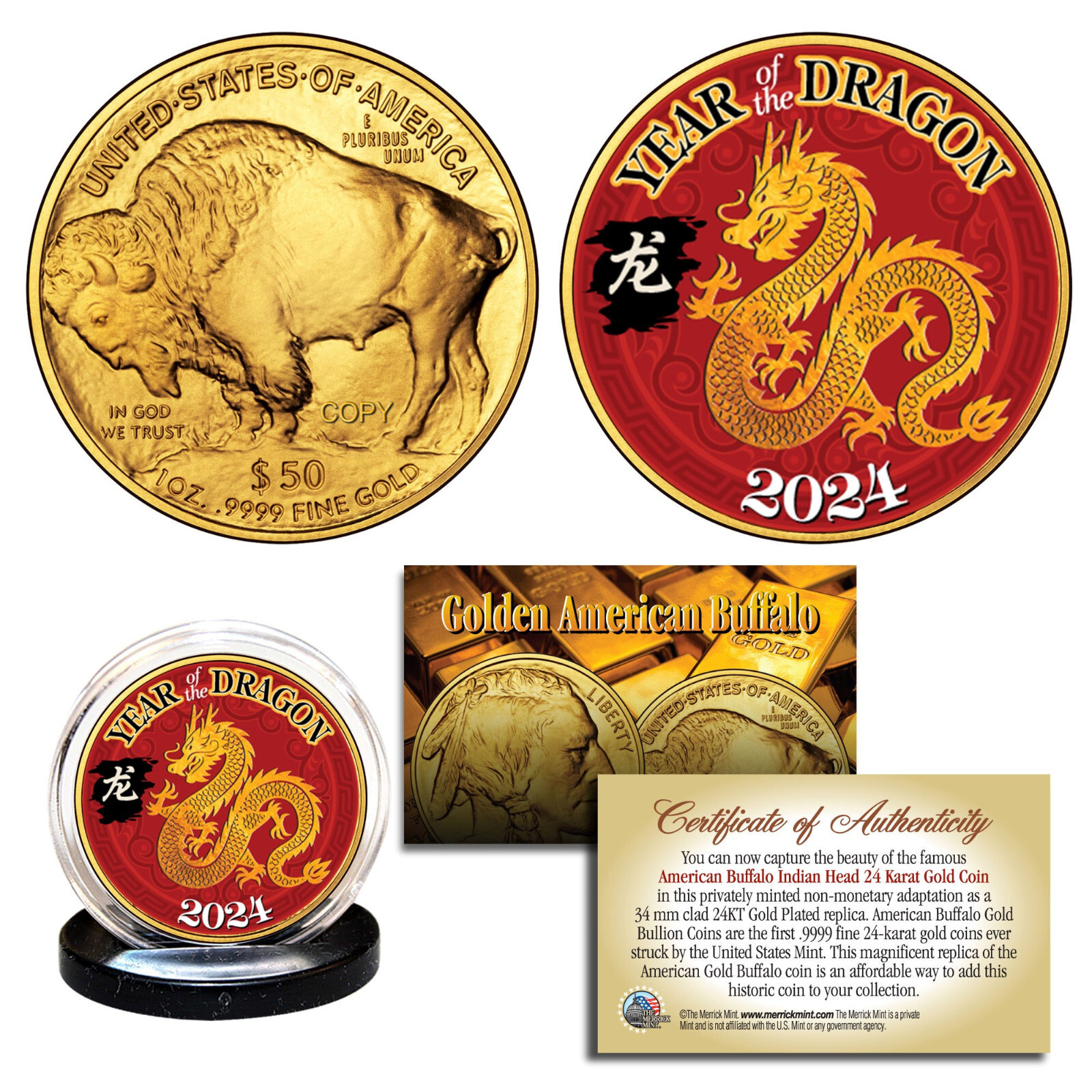 2024 Chinese New YEAR OF DRAGON 24K Gold Clad $50 American Buffalo Tribute Coin