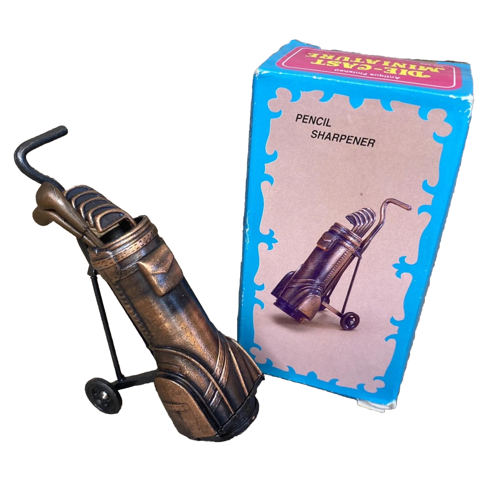 Antique Finish Die Cast Miniature 2 Wheel GOLF CLUB BAG PENCIL SHARPENER NEW