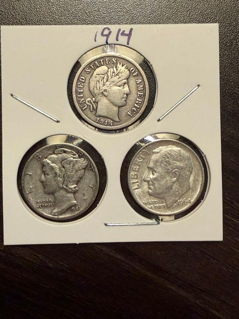 Silver Dime Type Set of 3 coins: 1914 Barber, Mercury and Roosevelt