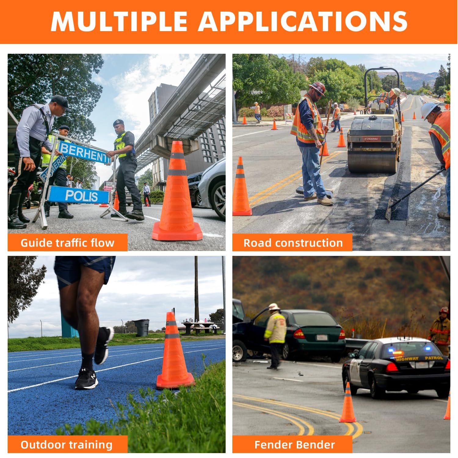 18''/28'' Multipurpose Collapsible Traffic Safety Cones with Reflective Strip