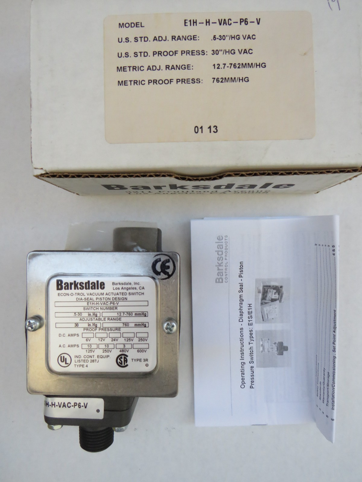 Barksdale E1H Diaphragm seal housed Piston Switch Pressure Vacuum 30"HG VAC
