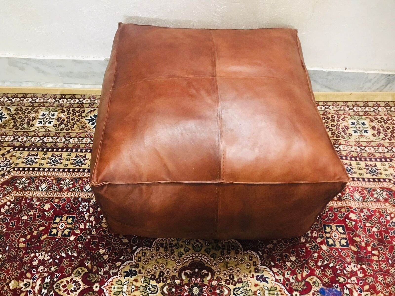 Square Moroccan Vintage New Unstuffed Natural Classic Pouffe Boho Leather