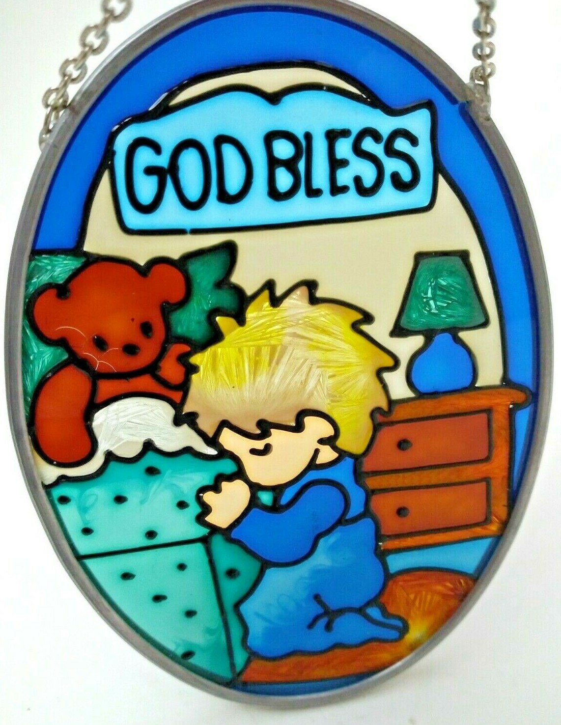 Suncatcher Joan Baker Design Hand Painted Stained Glass Praying Child God Bless