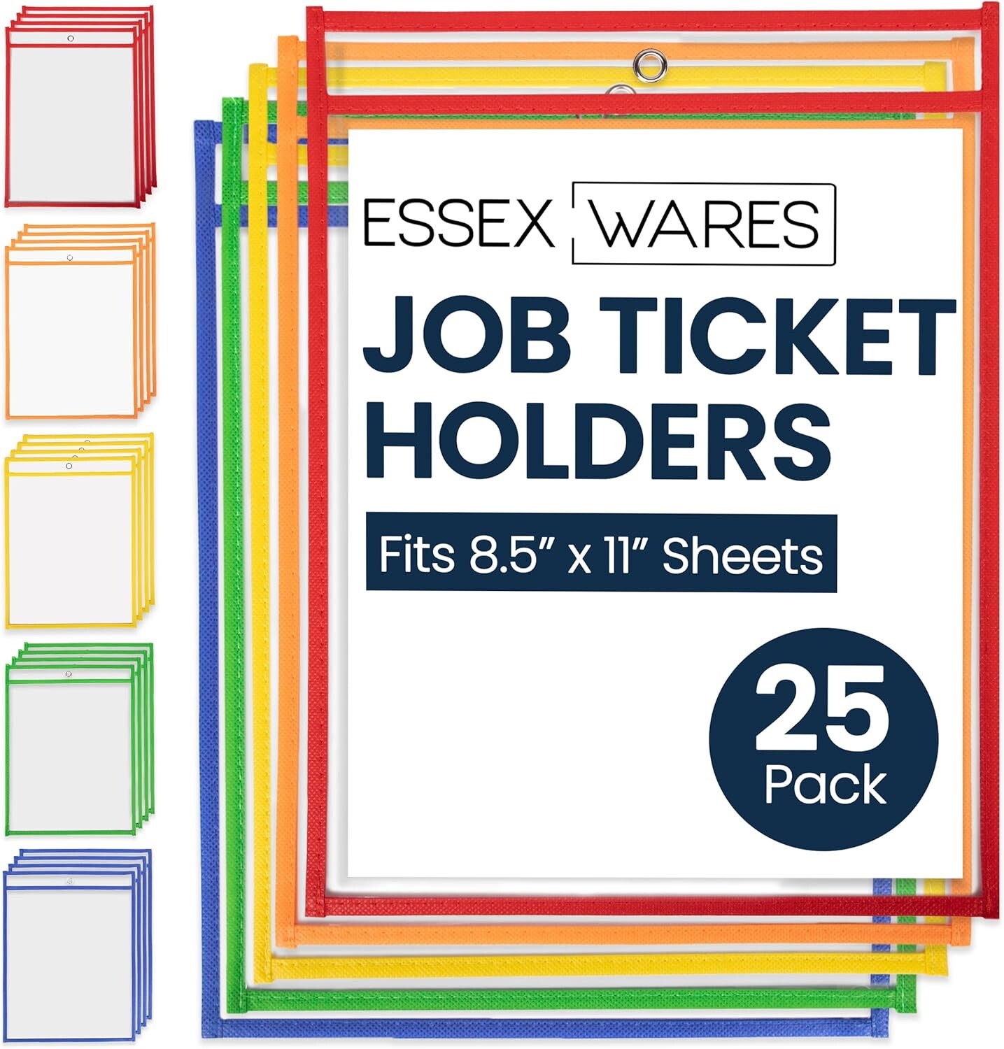 Essex Wares 25 Pack Assorted Color Job Ticket Holders 10"Wide x 13.5" Tall Clear