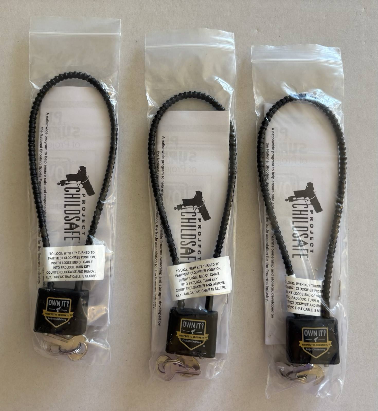 PROJECT CHILDSAFE CABLE-STYLE GUN LOCK FOR GUN/CHILD SAFETY Lot of 3 BRAND NEW