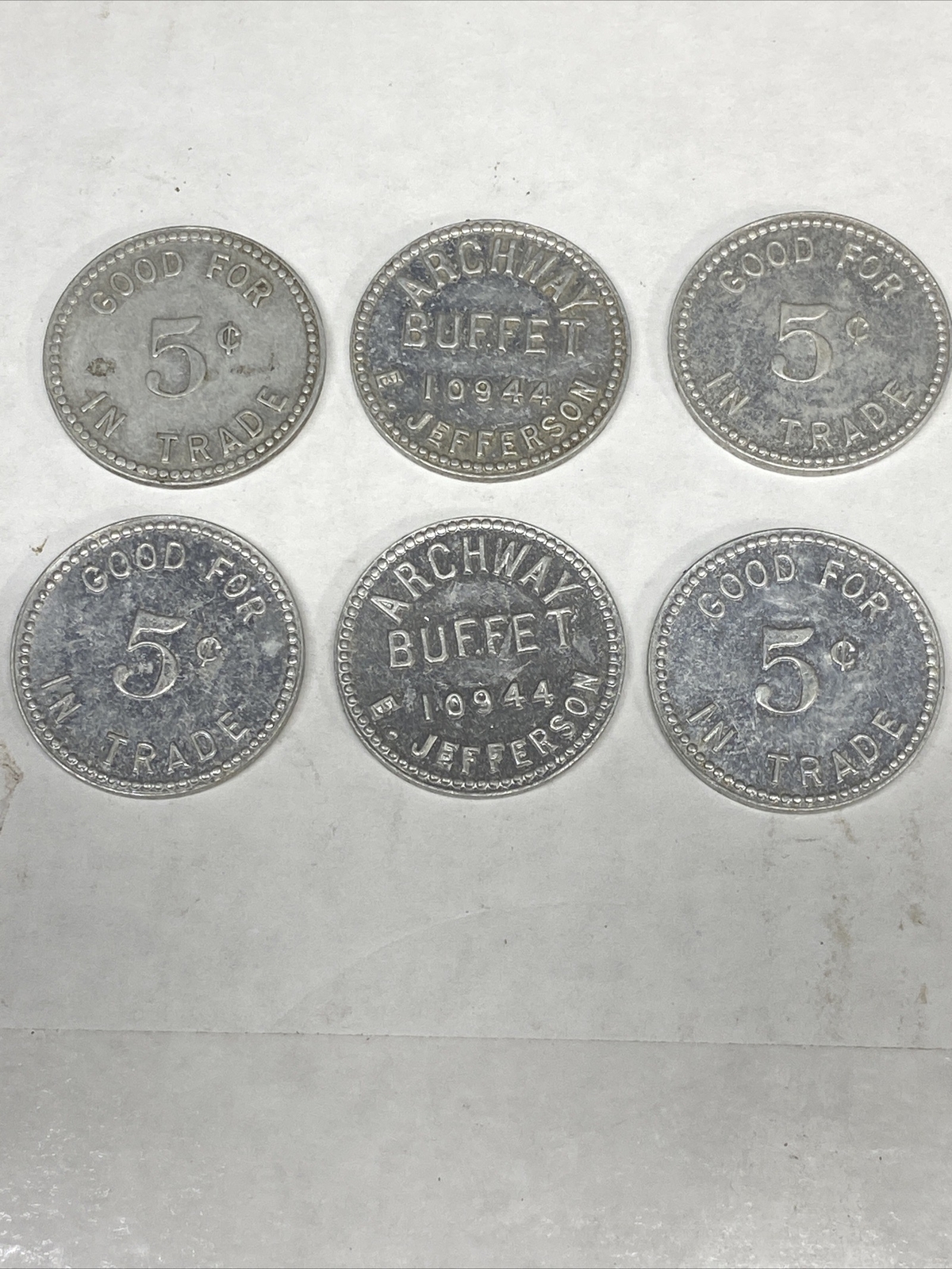 Token Coin Archway Buffet East Jefferson 5 Cent Coin Lot Of 6