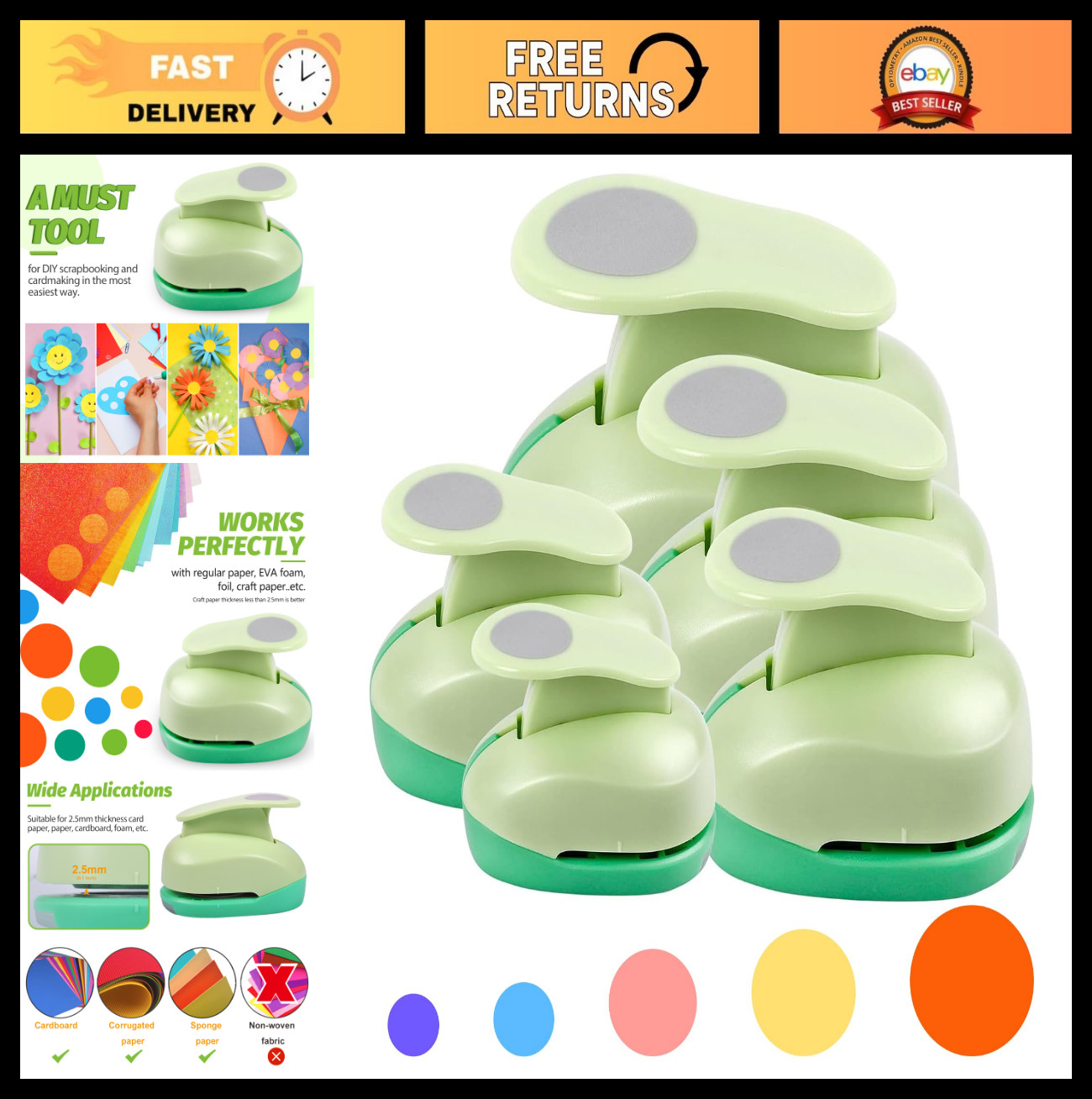 Circle Punch Set for Paper Crafting - 5 Sizes Hole Punches for Scrapbooking, Car