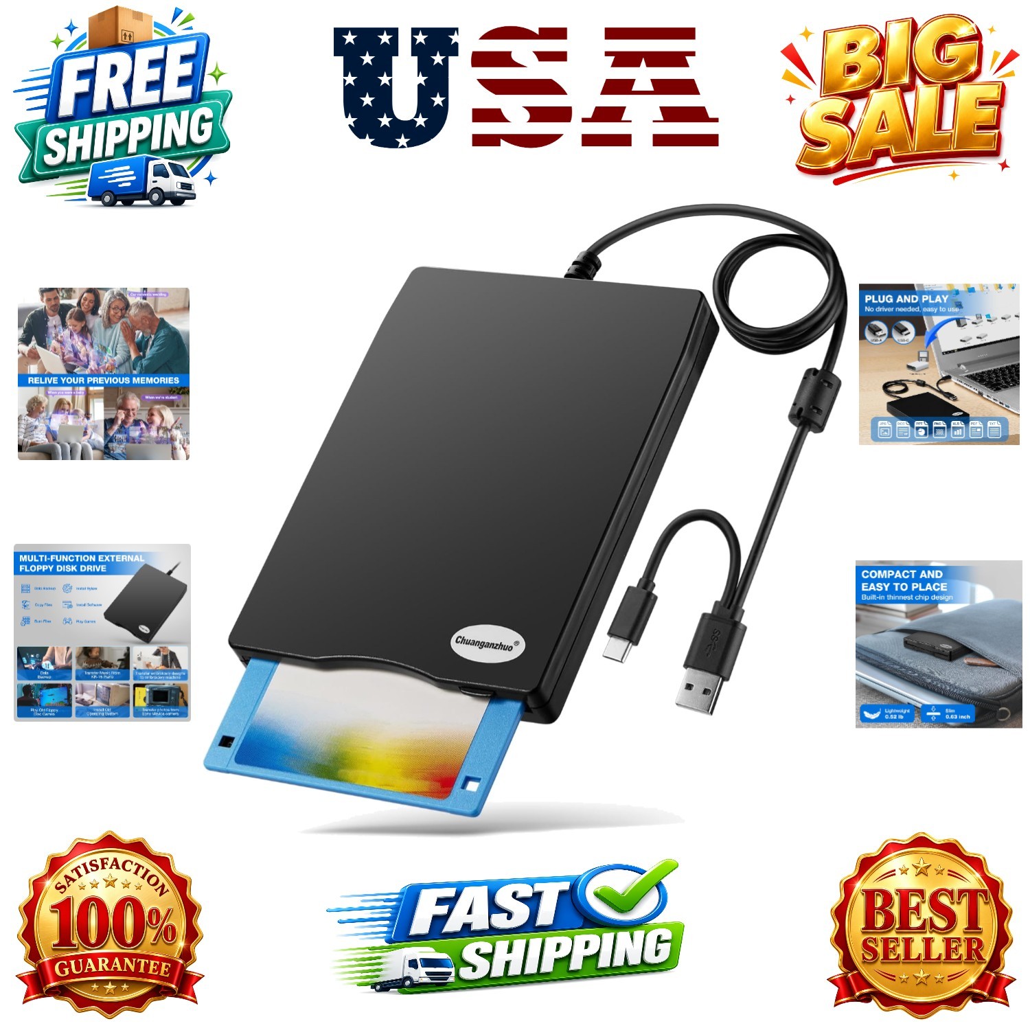 Floppy Disk Reader, 3.5 inch External USB Floppy Disk Drive Not Compatible wi...