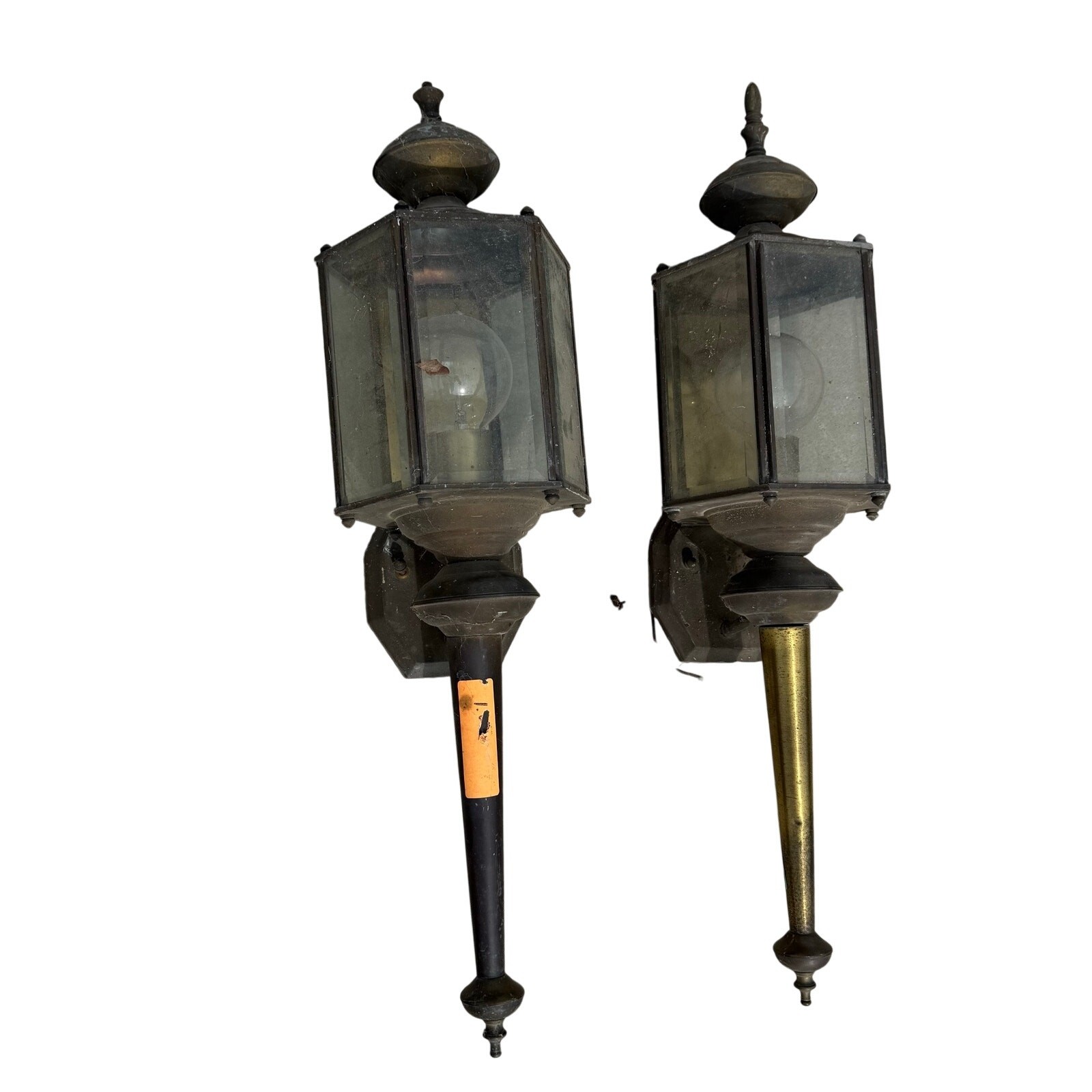 Pair 2 Vintage Brass Six Sided Glass Porch Lights Fixtures ~ 26” Tall - READ