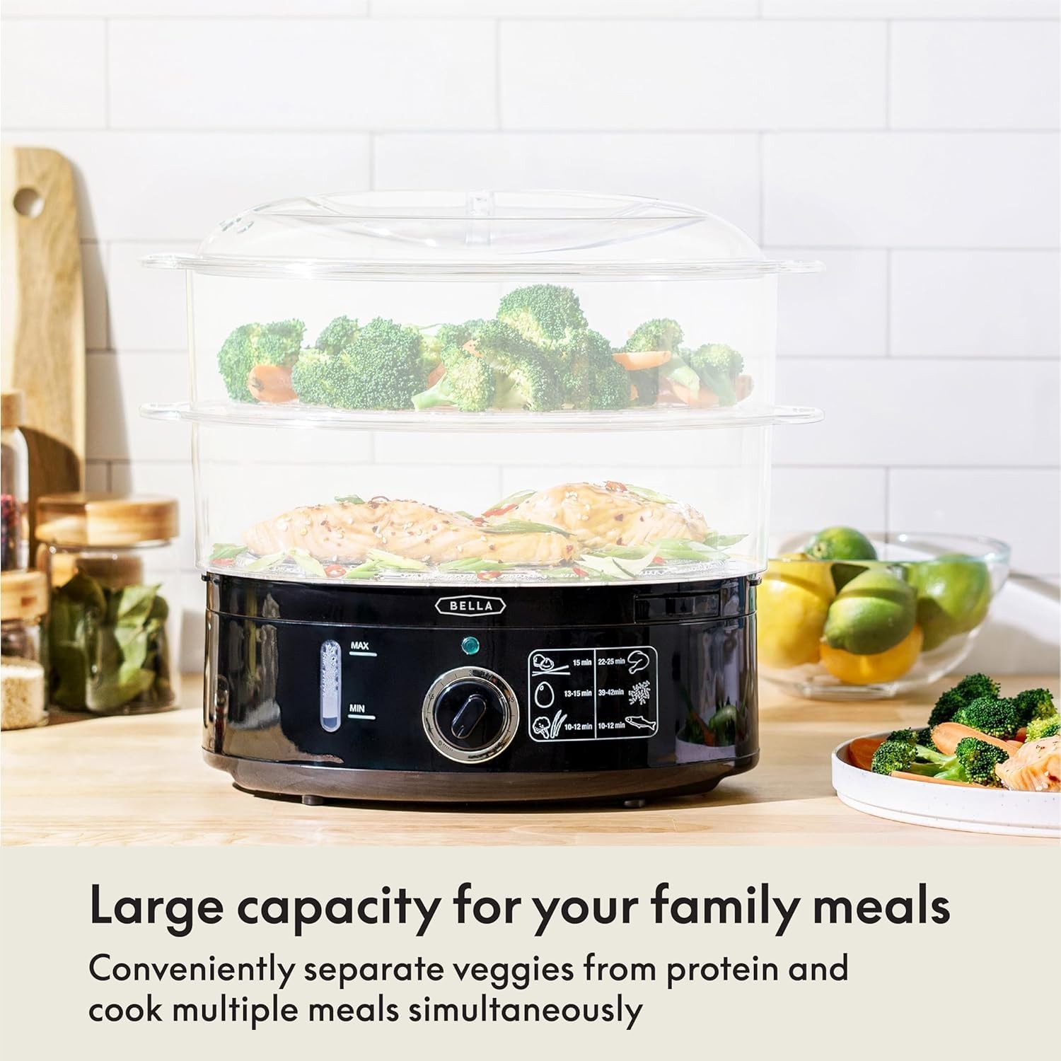 BELLA Two Tier Food Steamer with Stackable Baskets & Removable 7.4 QT, Black