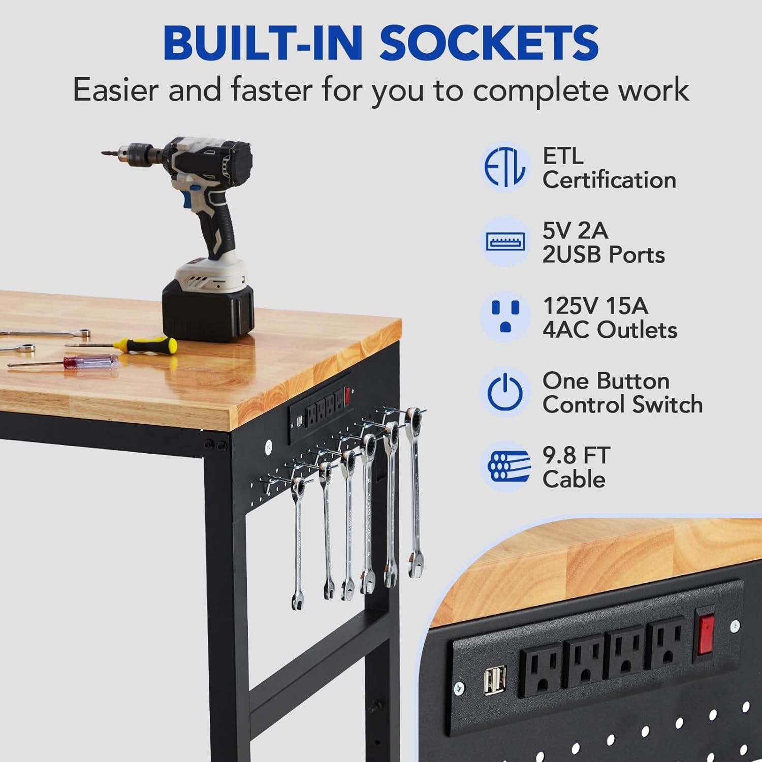 Adjustable Height Workbench 72"x 25" 2000 Lbs Capacity Heavy-Duty Power Outlets