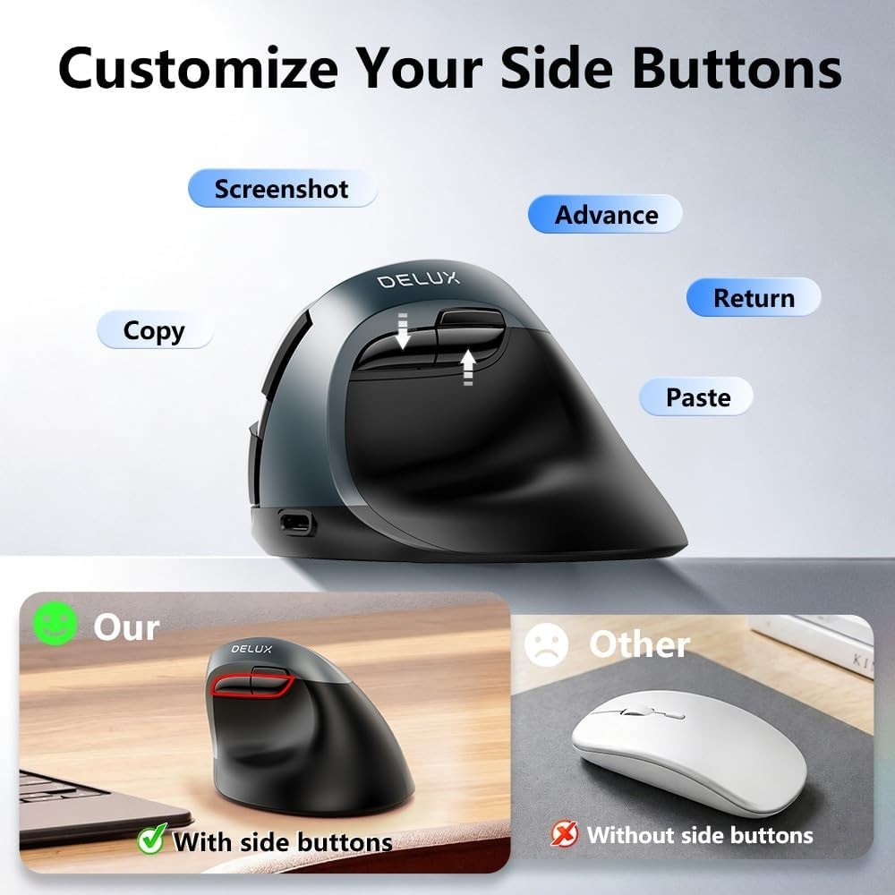 Iron Gray Wireless Vertical Mouse Silent Ergonomic with BT 5.2 USB Receiver