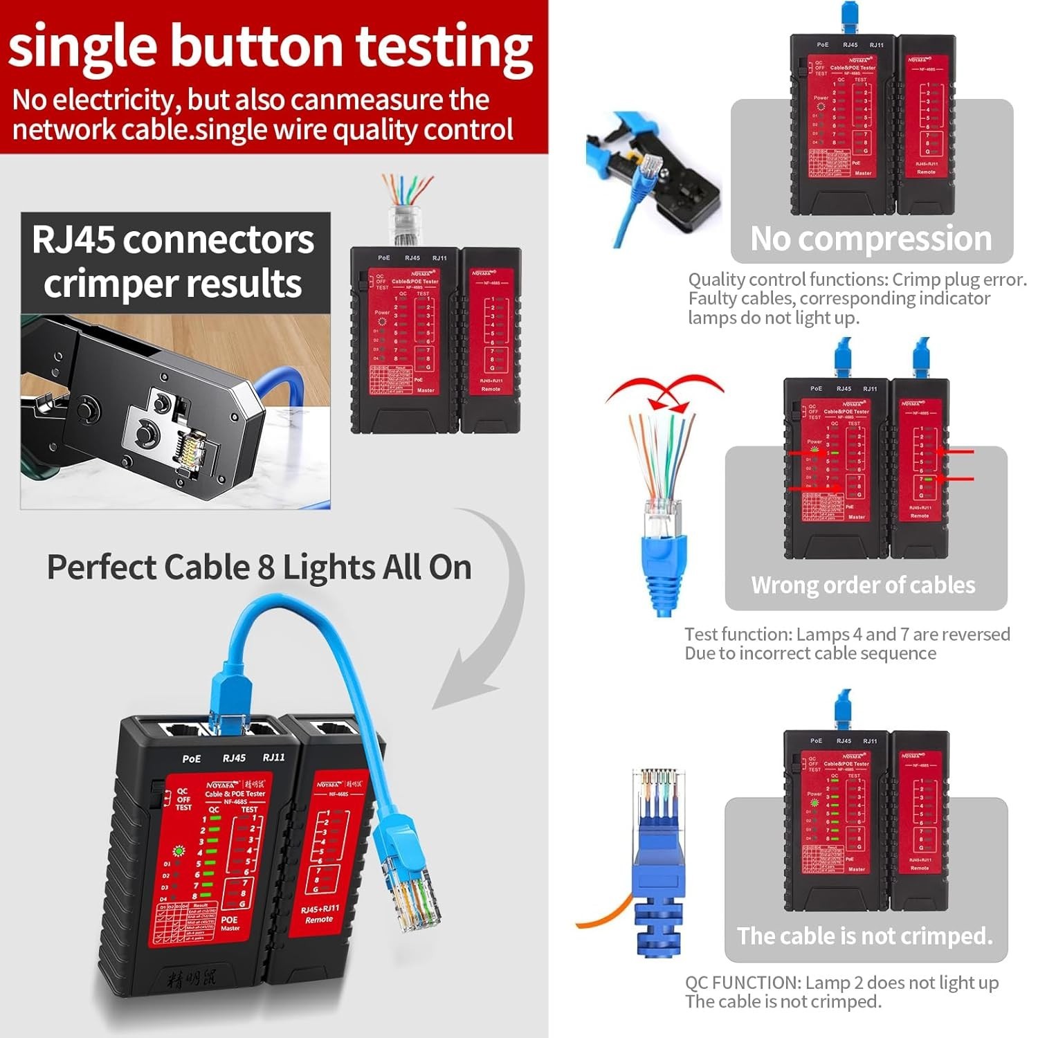 Professional Network Cable Tester for RJ45, RJ11 & PoE | Compact & LED Display