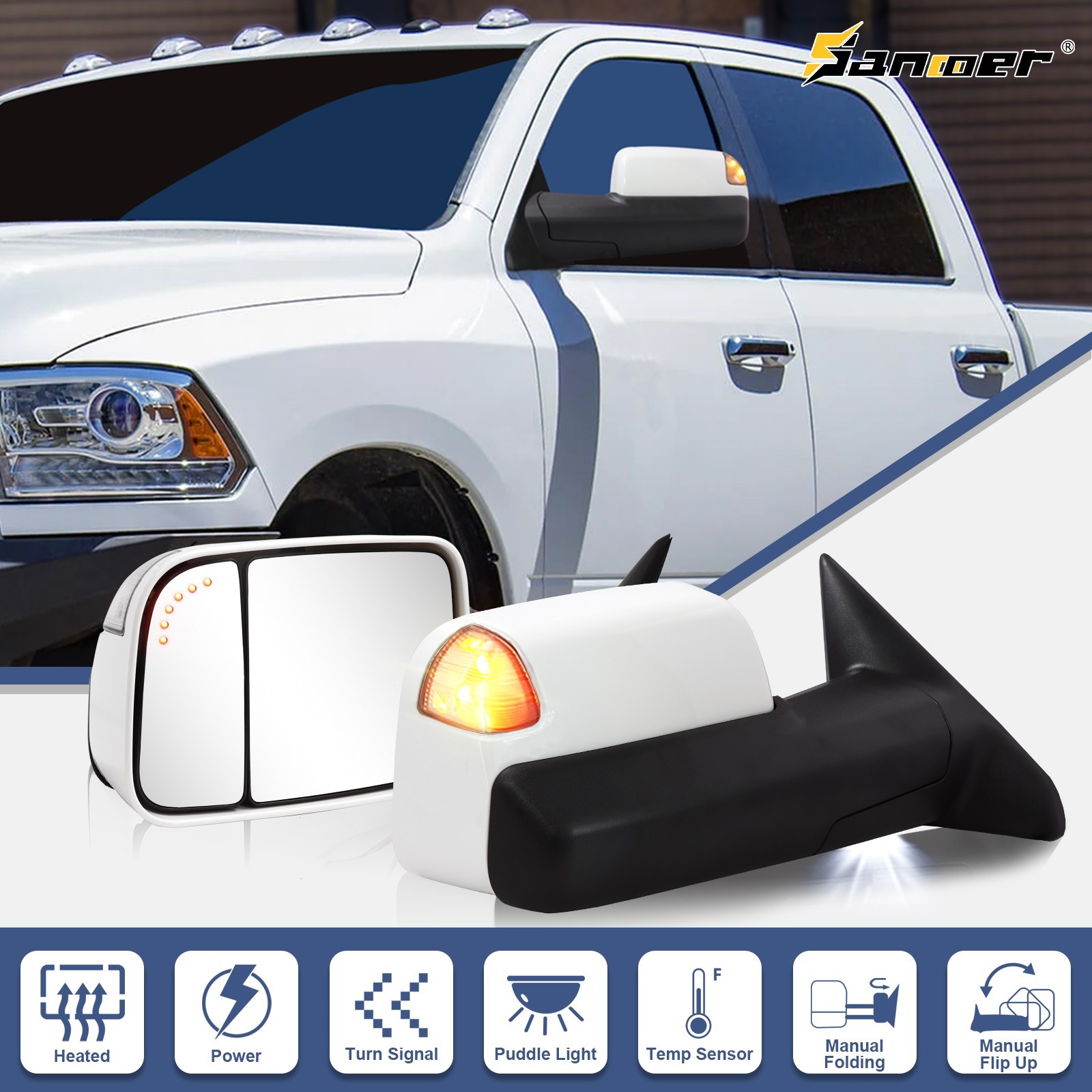 Gloss White Tow Mirrors LED Amber Signals For 2010-2018 Dodge Ram 1500 2500 3500
