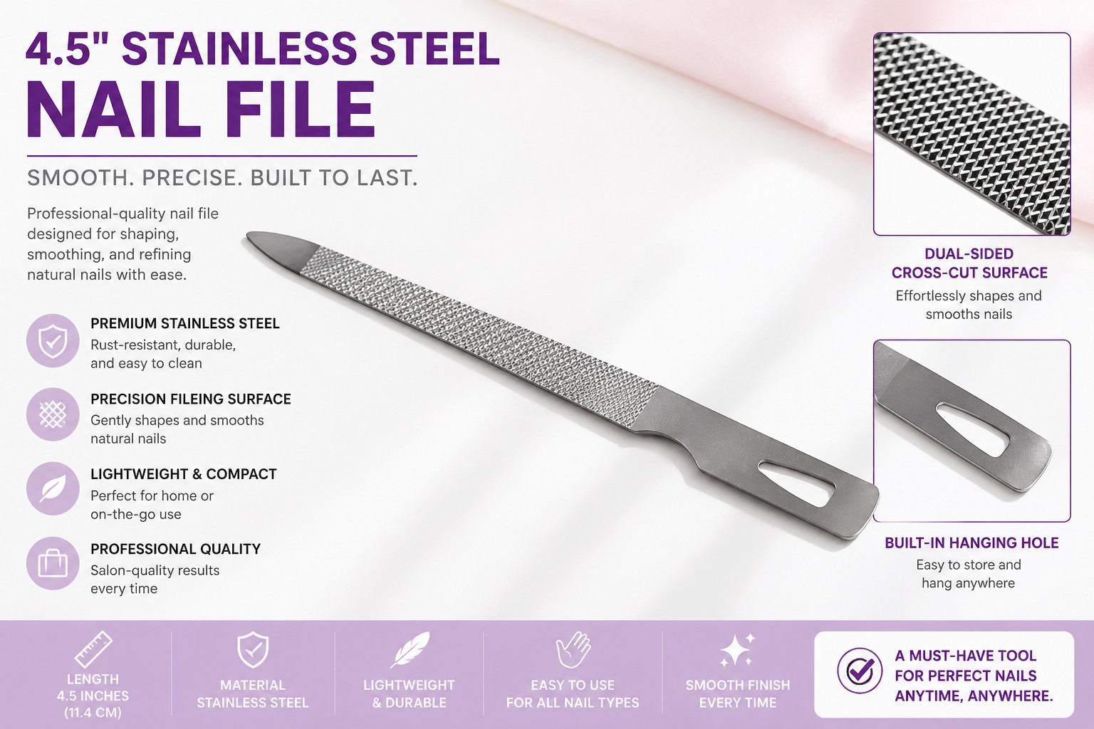 4.5 Inch Stainless Steel Triple Cut Nail File-Fingernails, Toenails (3 Pack)