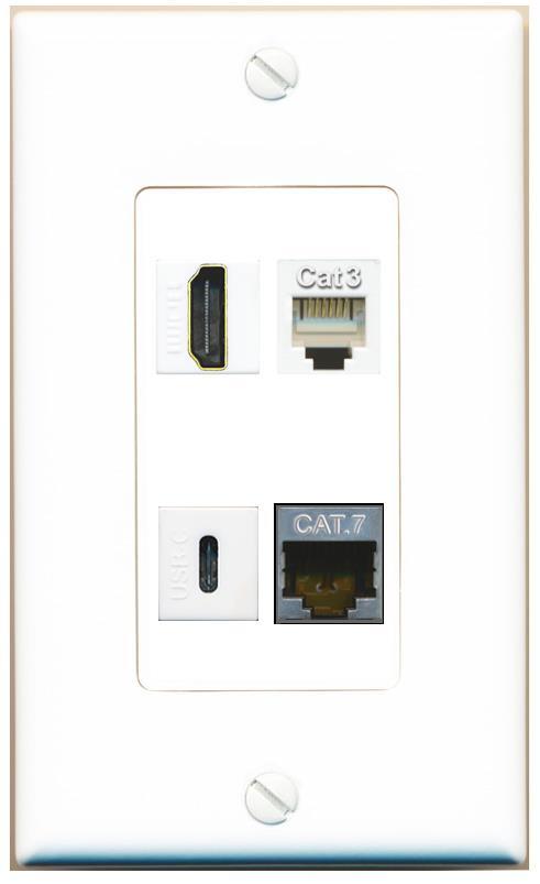 [4 Ports] CAT7 HD PHONE USBC Wall Plate DecorZ White