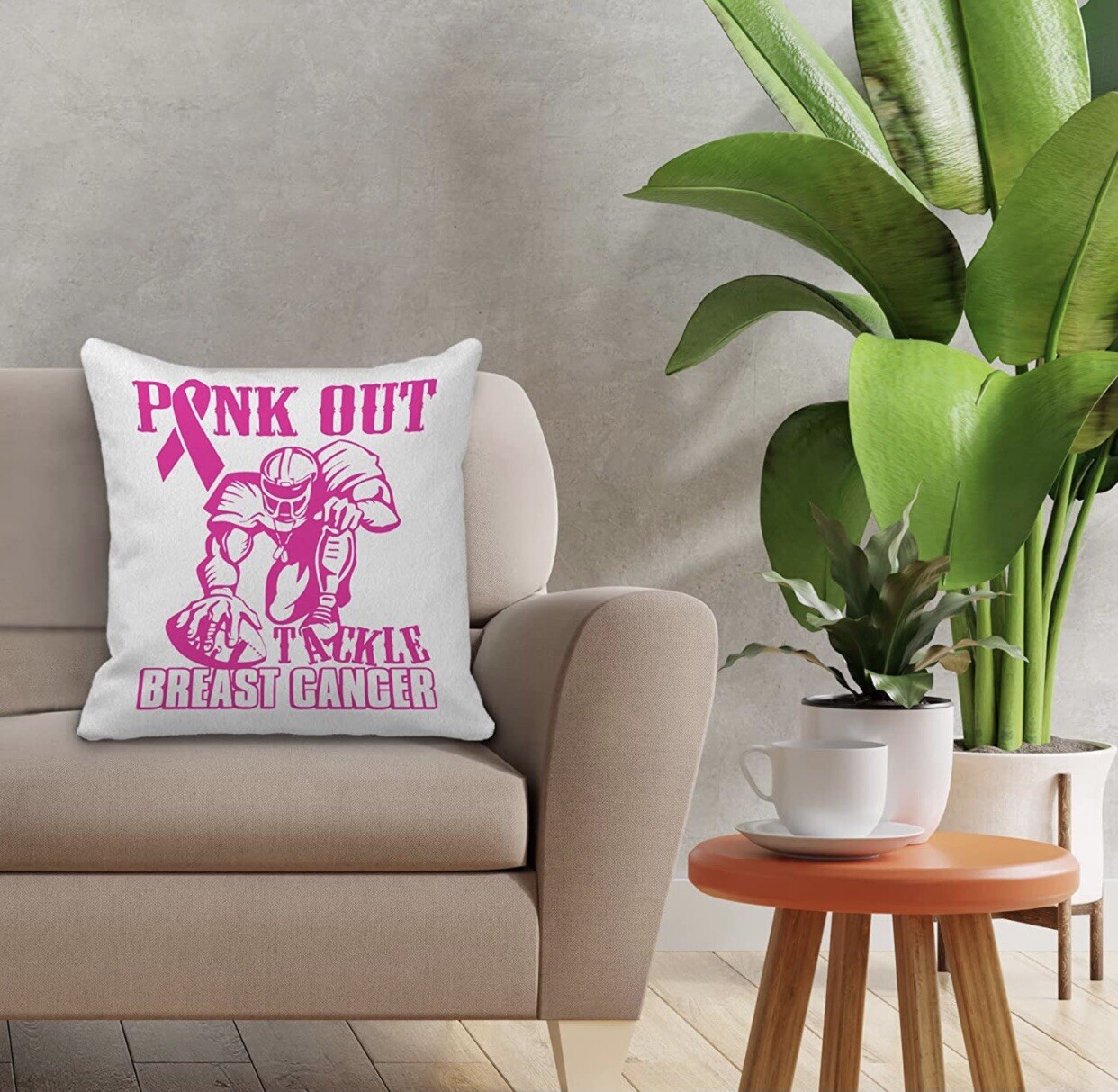 Pink Out Tackle Breast Cancer Pink Ribbon Throw Pillow Case Cover 18″×18″