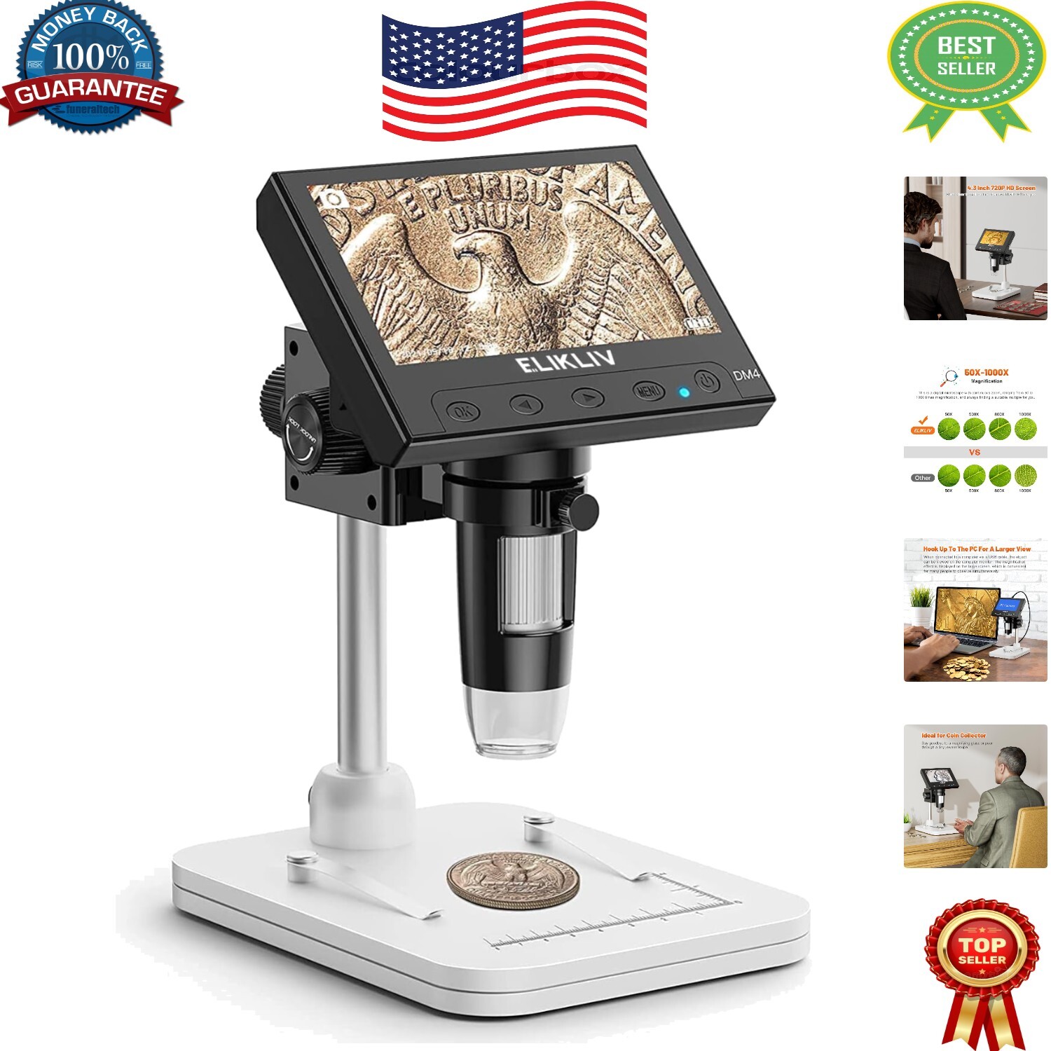 Portable Digital Coin Microscope with Height-Adjustable Stand and 8 LED Lights