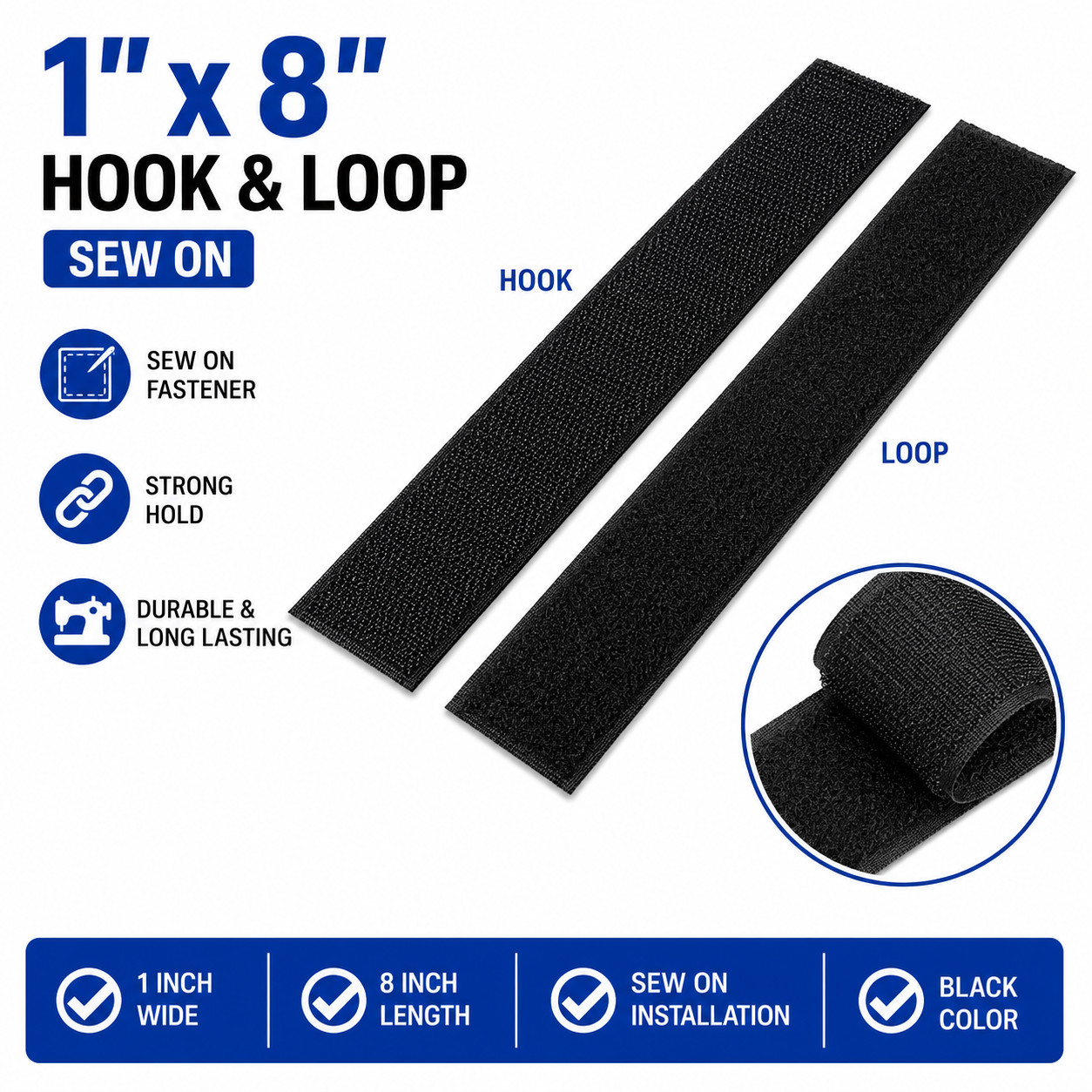 1” x 8” Heavy Duty Patch Hook and Loop Sew On Black Inch Set 1 Pack