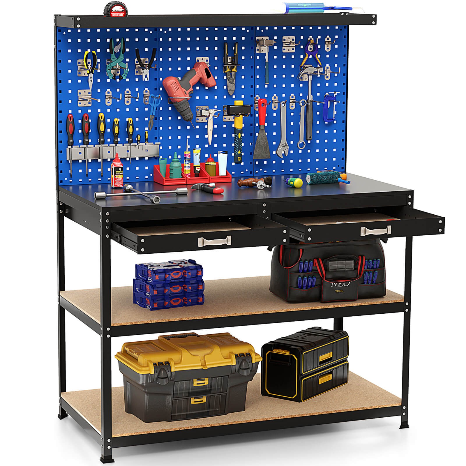 48" x 24" Workbench Heavy-Duty WorkTable w/ 3 PCs Pegboard Drawer & Shelves