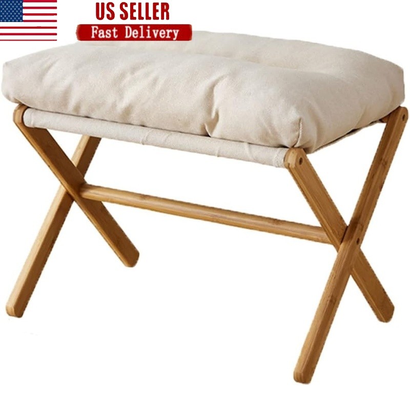 Folding Footrest Stool Modern Bamboo Ottoman Padded Living Room Bedroom New
