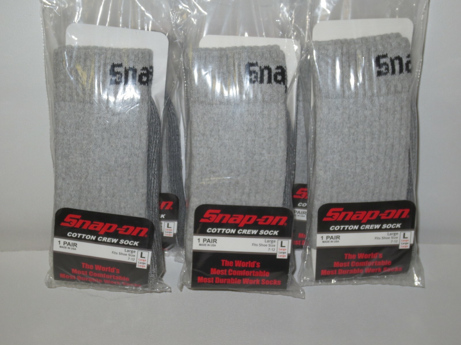 6 PAIRS = SNAP-ON Crew Socks, GRAY ~ LARGE ~ FREE SHIPPING ~ MADE IN USA *NEW*