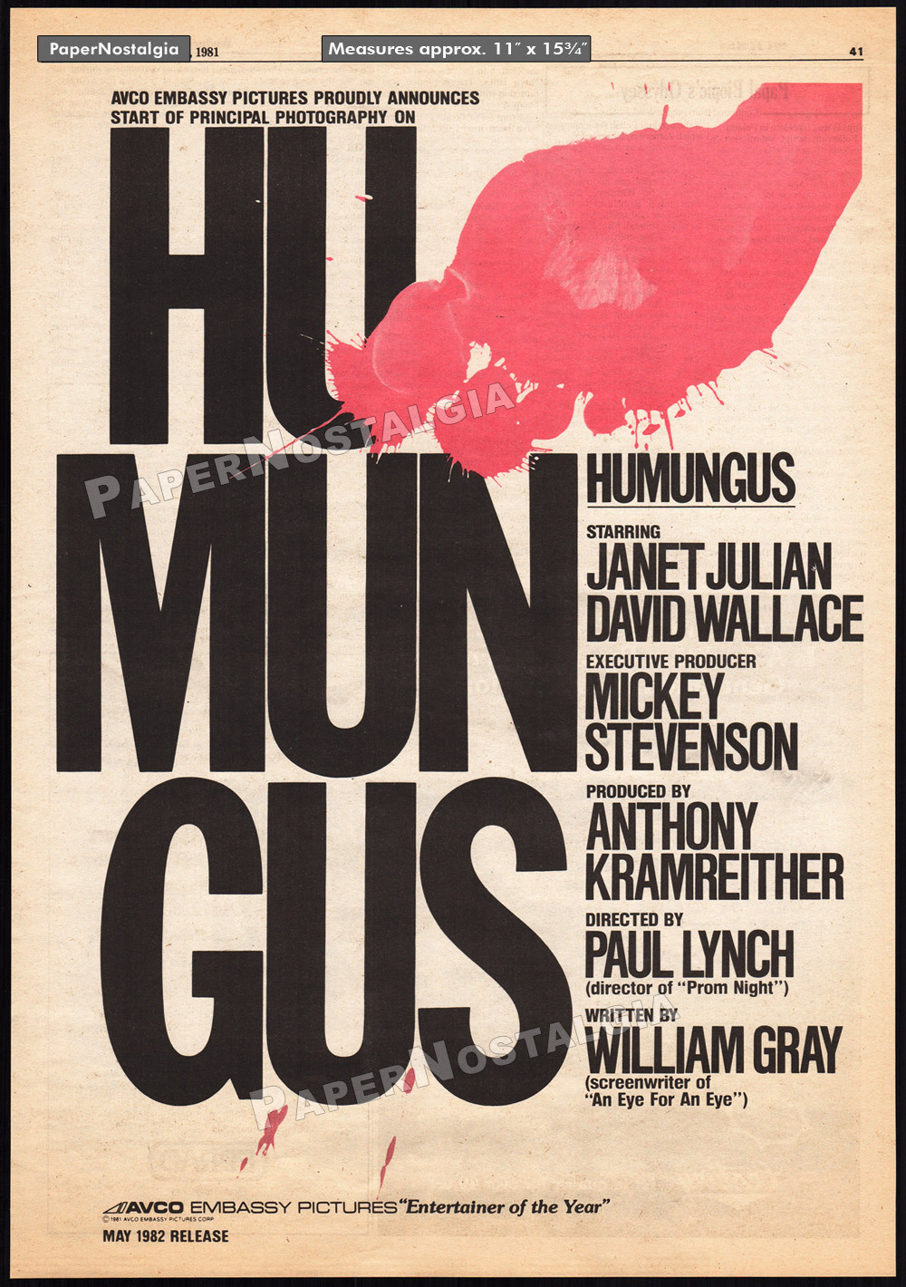 HUMONGOUS - Original 1981 Trade AD / poster_ Paul Lynch _ Janet Julian _ horror