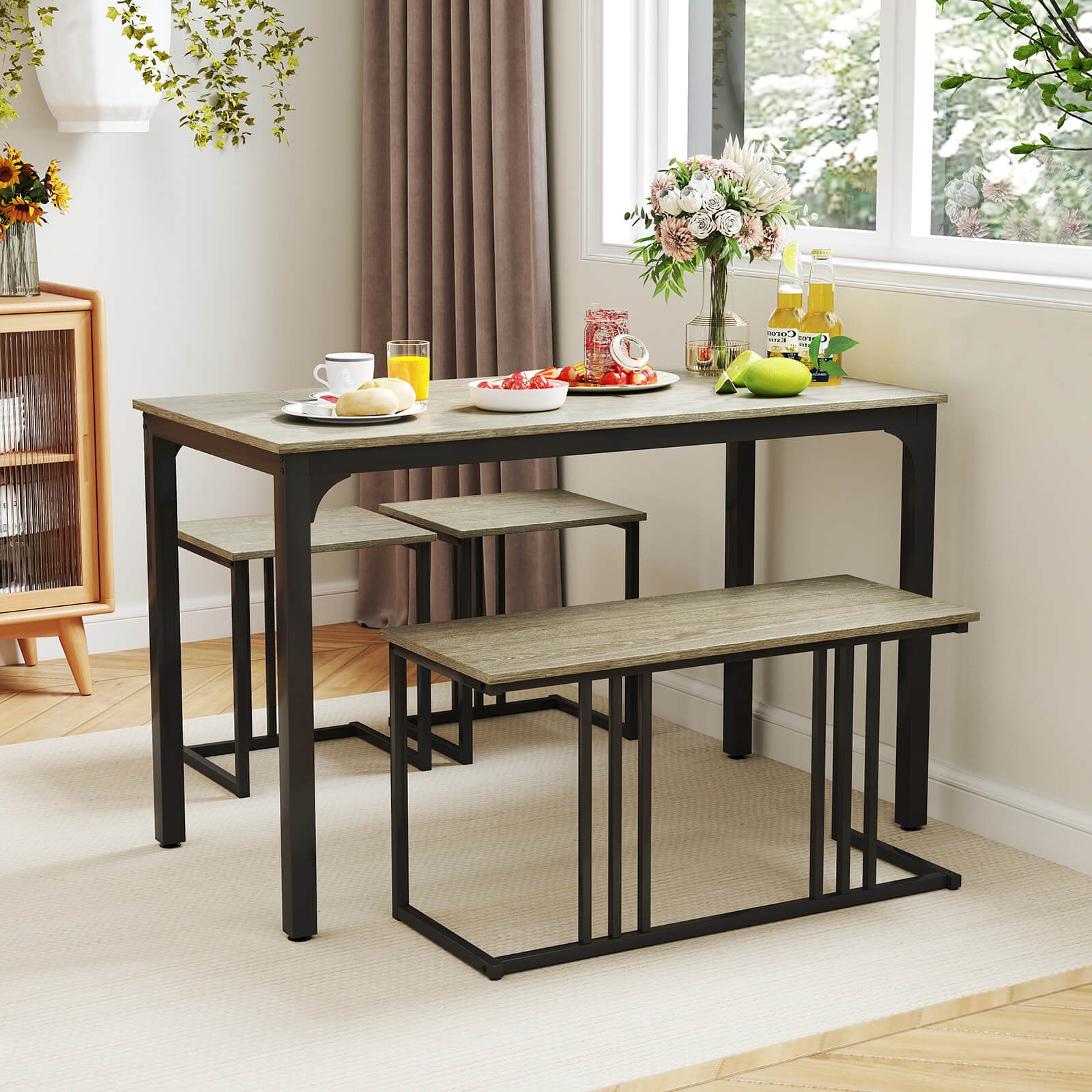 4-Piece Dining Table Set Industrial Kitchen Table Set W/ Bench & 2 Stools for 4