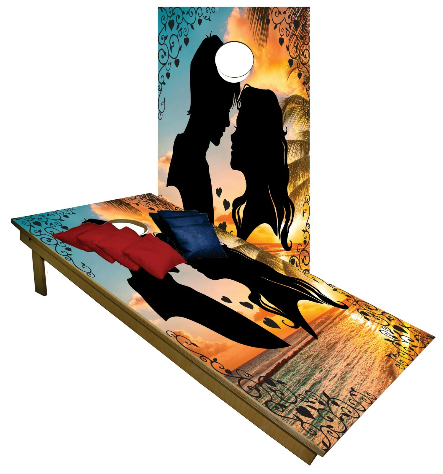 CORNHOLE BEANBAG TOSS GAME w Bags Game Board Wedding Beach Ocean Married Set