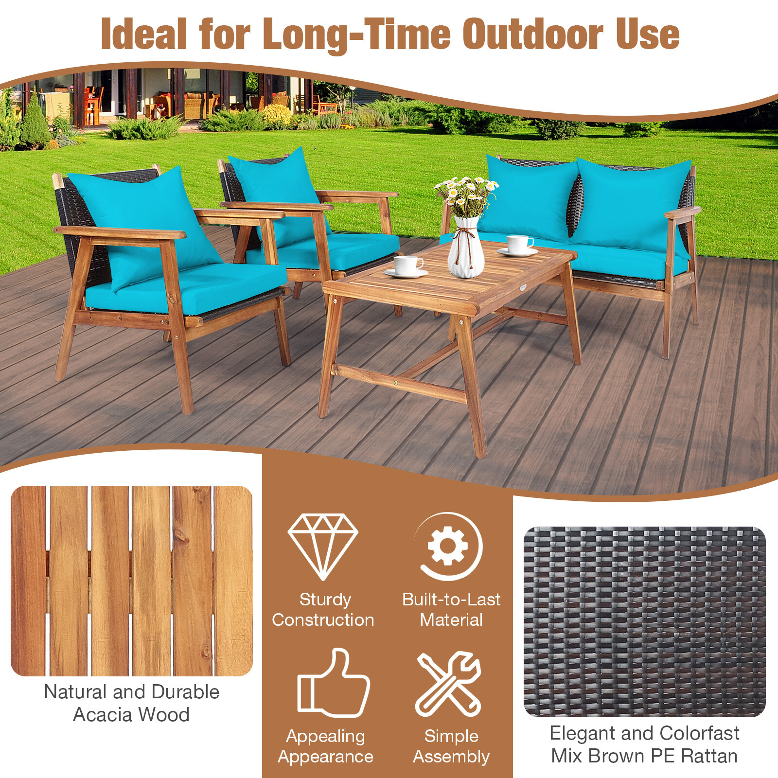 Patiojoy 4PCS Patio Rattan Furniture Set Wood Frame Cushioned Sofa with Coffee
