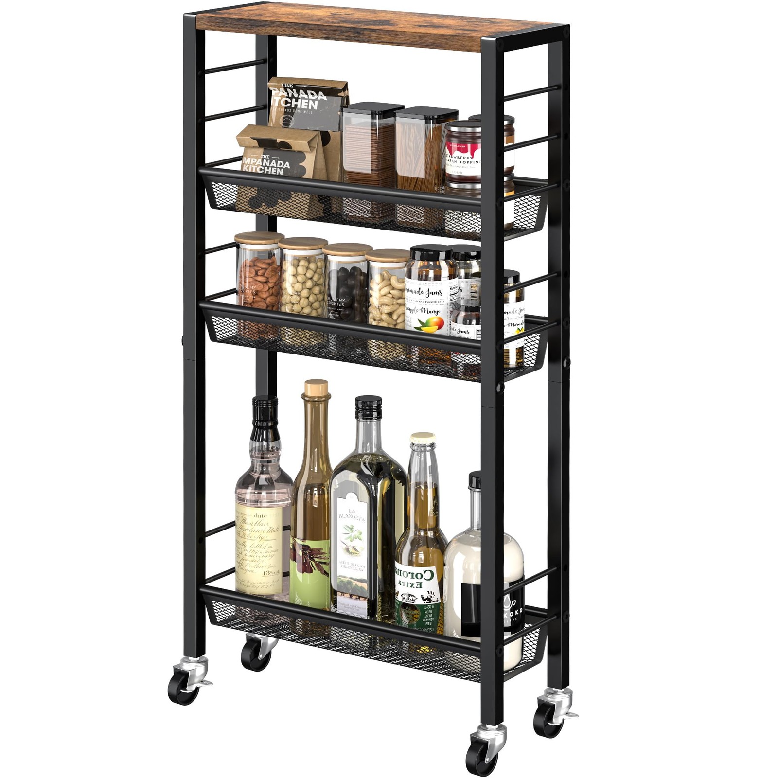 Narrow Storage Cart with Wheels,4-Tier Narrow Kitchen Carts Slim Rolling Cart...