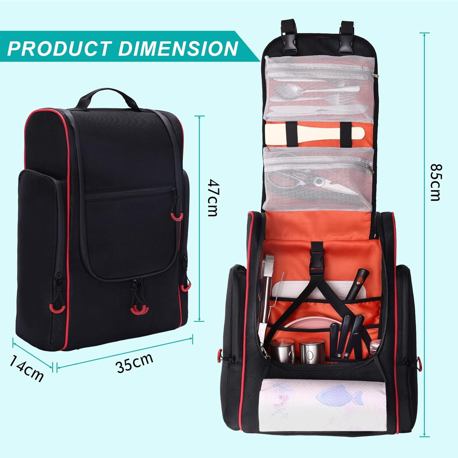 Camping Organizer for Outdoor Kitchen Storage, Large Hanging Cookware Backpack w