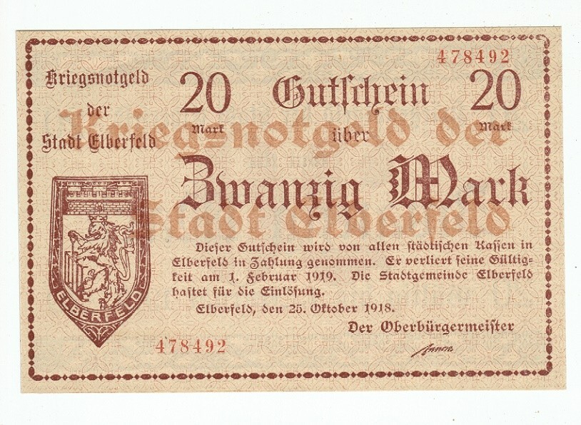 GERMANY BANKNOTE 20 MARK STADT-ELBERFELD 1918 UNC