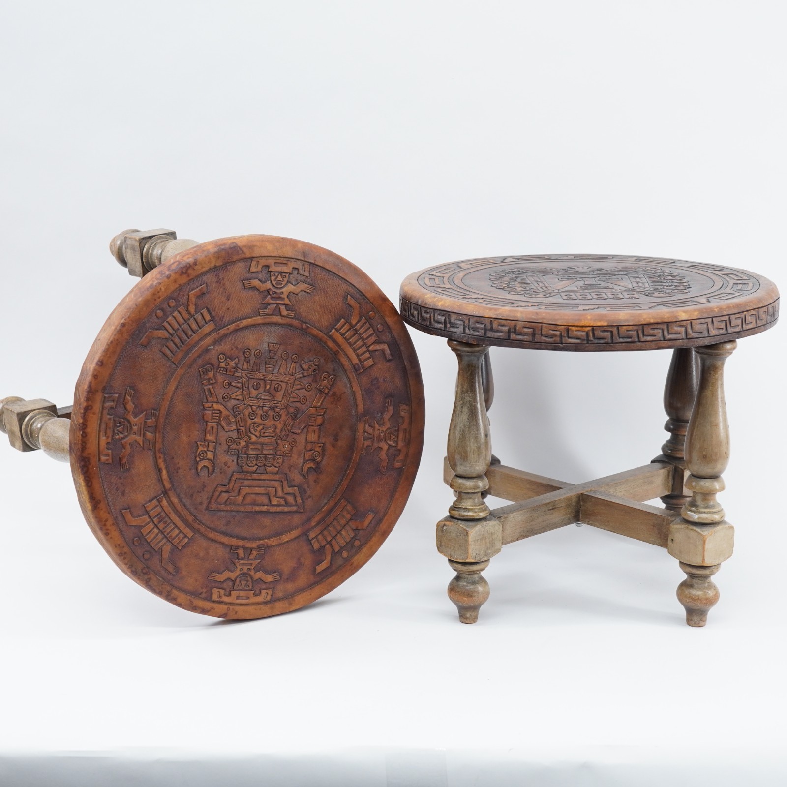 Pair Of Hand Tooled Leather Top Stool's Peru Mayan Aztec Warrior