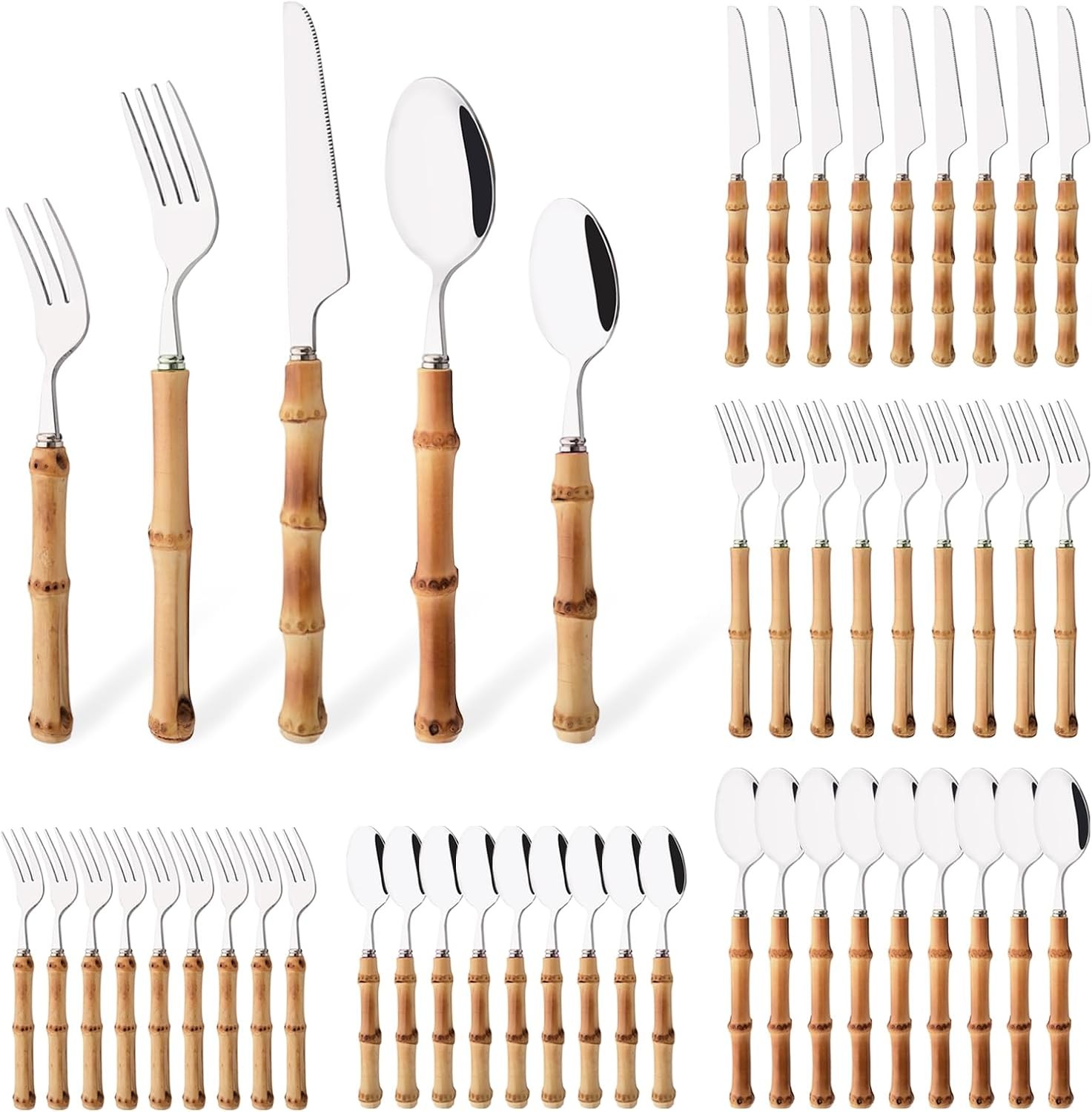 40PCS Silverware Set 10 Bamboo Handle Flatware Set Stainless Steel Cutlery Set