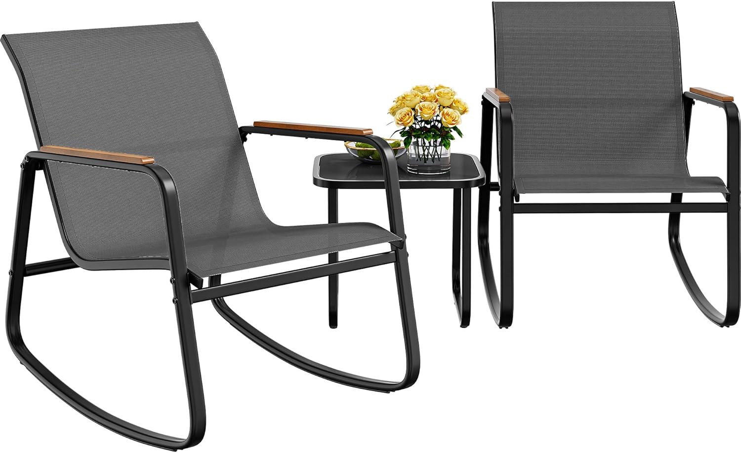 3 Piece Rocking Bistro Set, Outdoor Patio Furniture Set with Wooden Armrests, Po